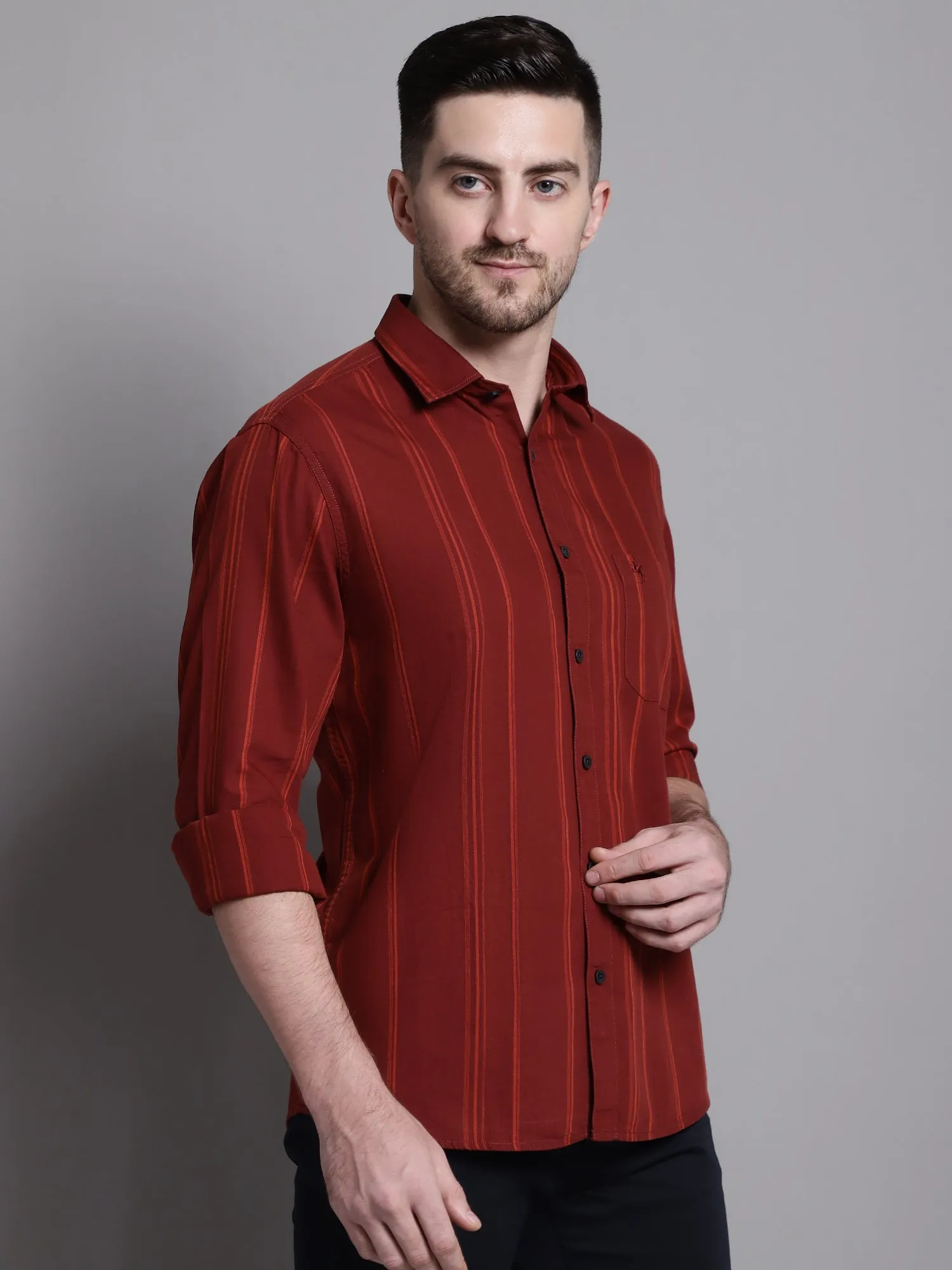 Cantabil Cotton Maroon Striped Full Sleeve Regular Fit Casual Shirt for Men with Pocket