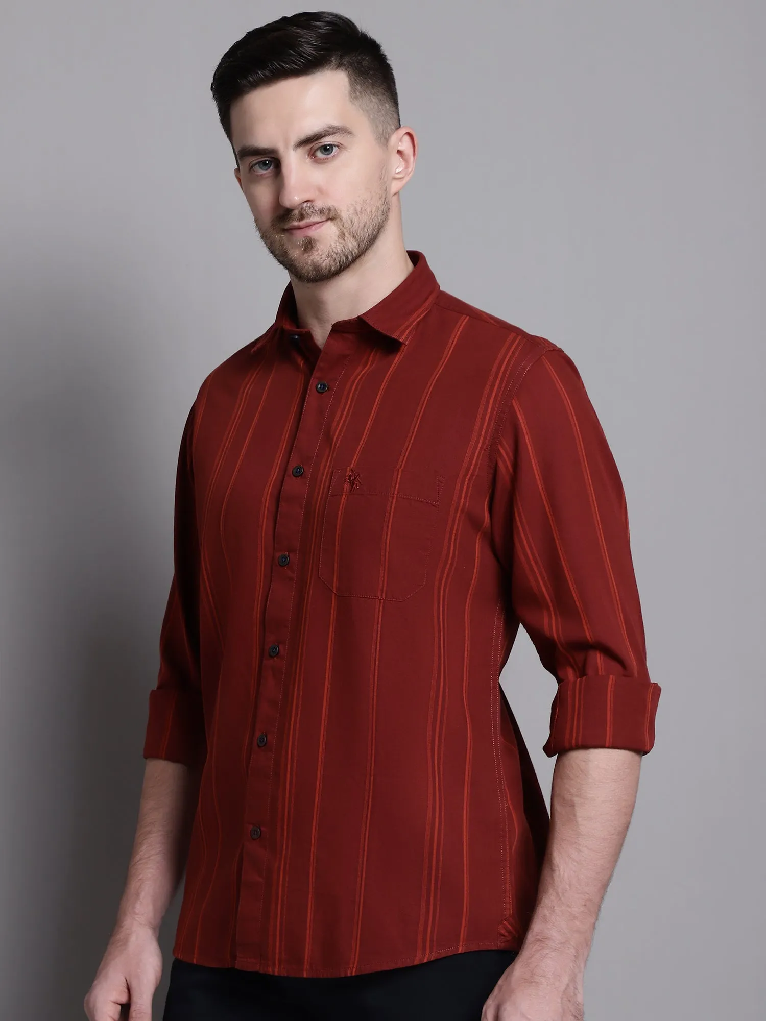 Cantabil Cotton Maroon Striped Full Sleeve Regular Fit Casual Shirt for Men with Pocket