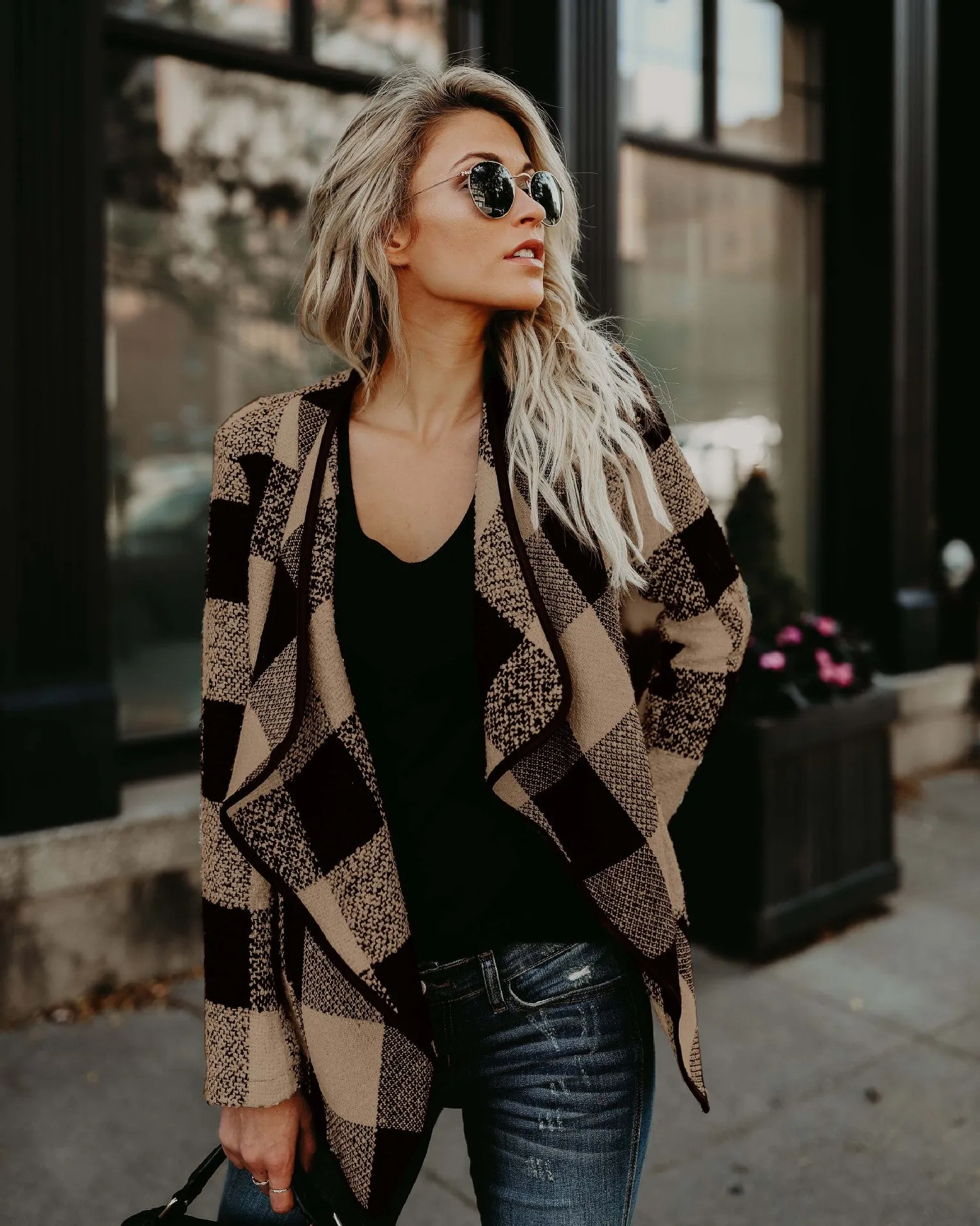 Checked Print Lapel Cardigan