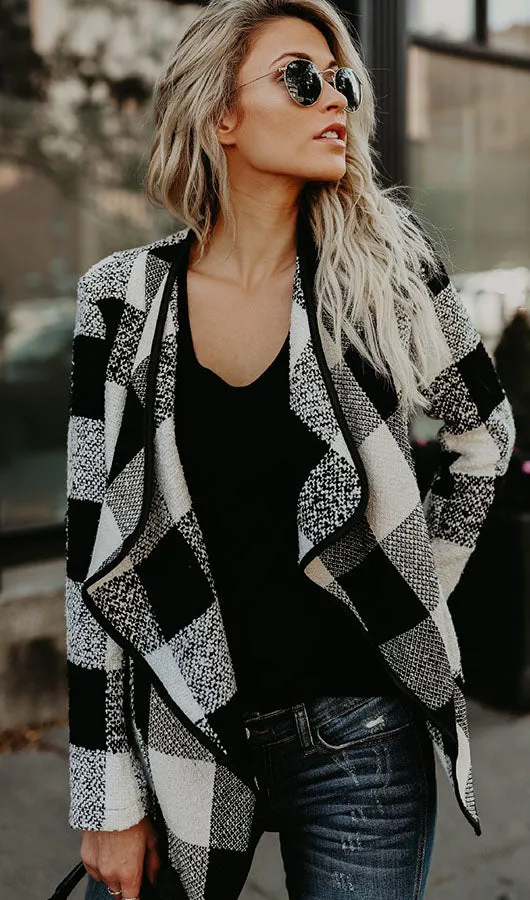 Checked Print Lapel Cardigan