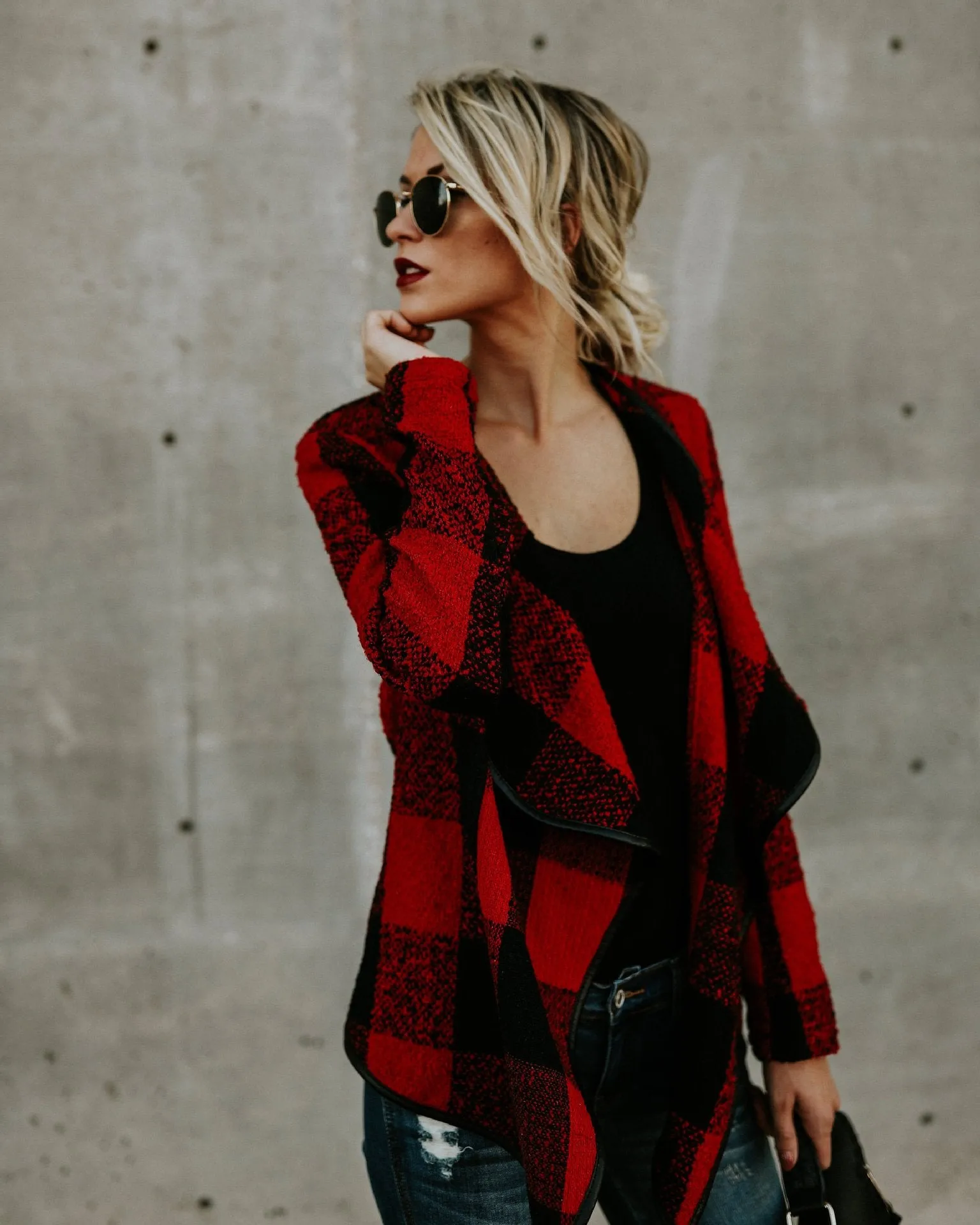 Checked Print Lapel Cardigan