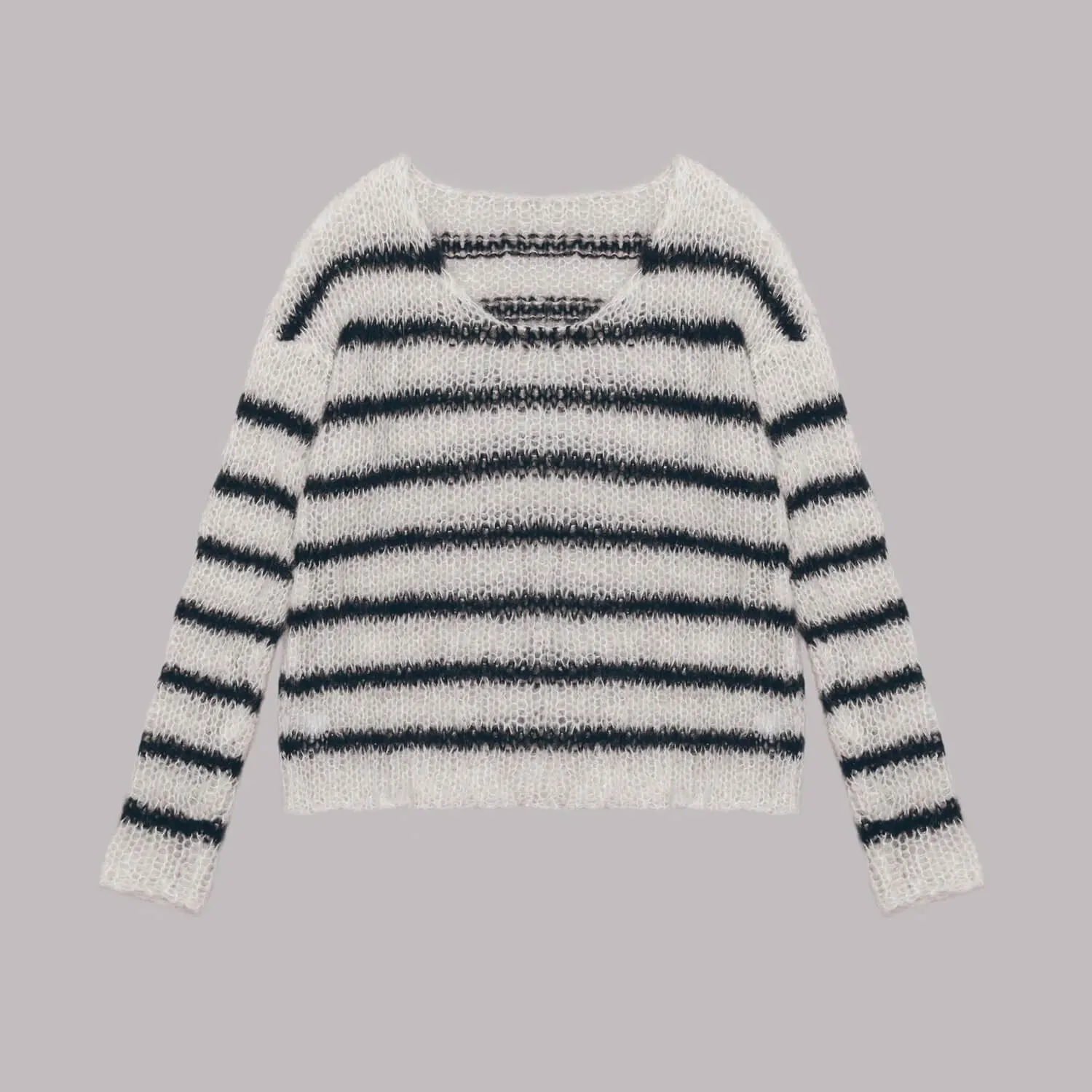 Chic Boat Neck Drop Shoulder Long Sleeve Oversized Black and White Stripe Sweater