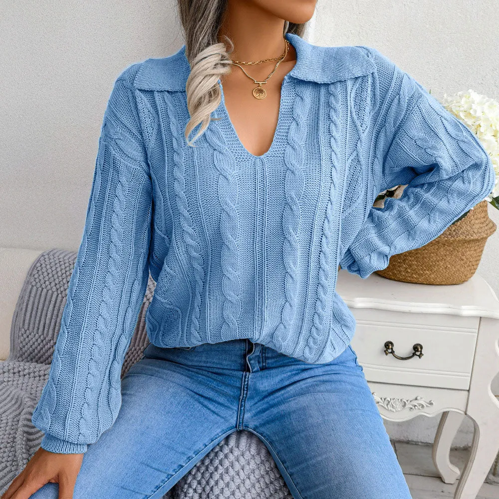 Chic Collared V Neck Long Sleeve Pullover Fisherman Sweater