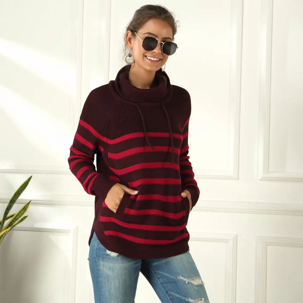 Classic Funnel Turtleneck Drawstring Pullover Striped Sweater