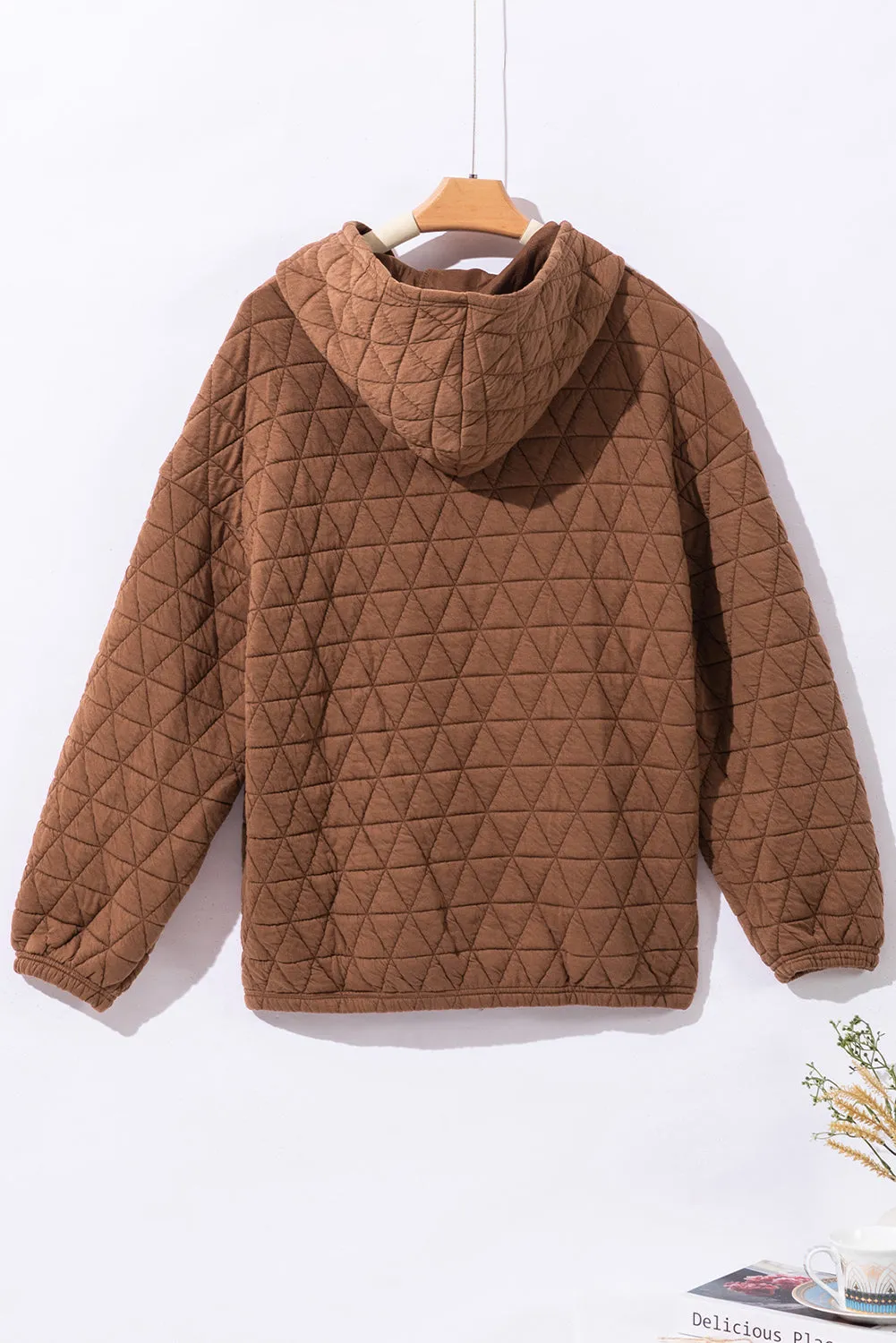 Coffee Solid Color Quilted Kangaroo Pocket Hoodie