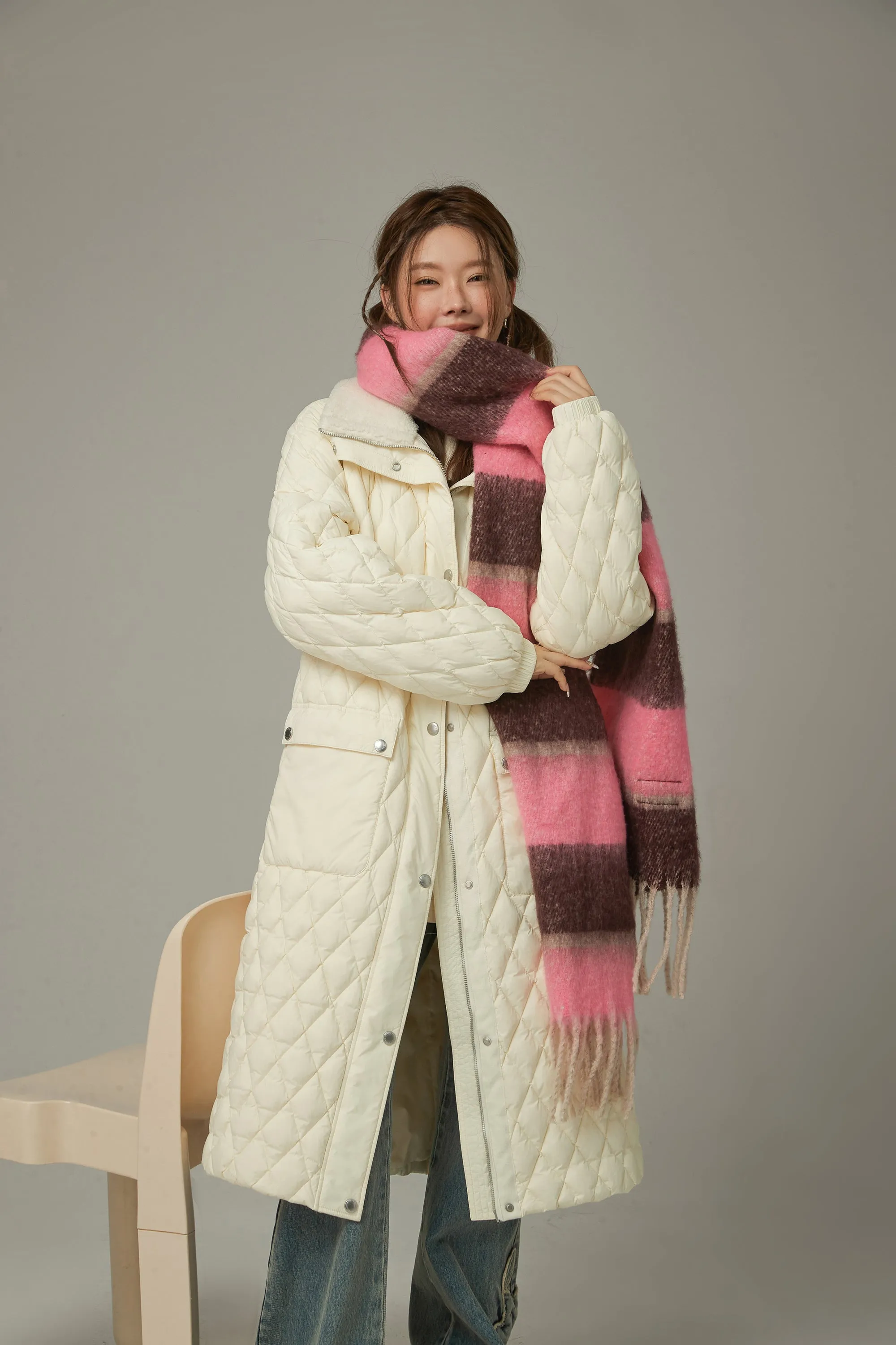 Collar Quilted Padded Long Coat