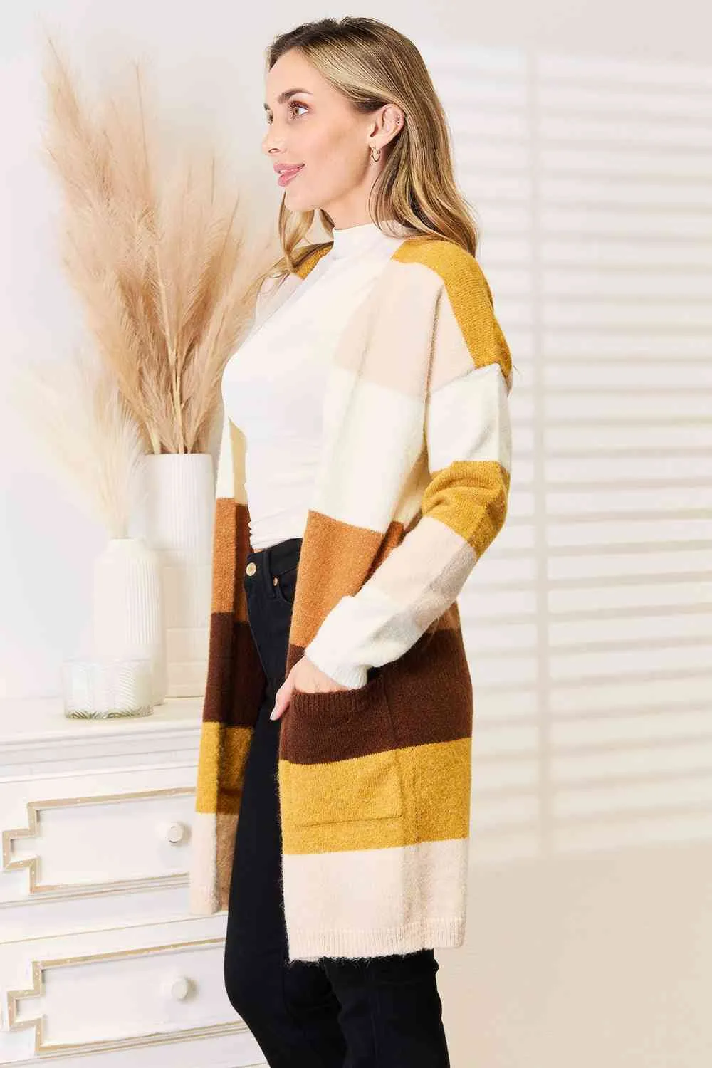 Color Block Dropped Shoulder Cardigan Brown/Tan