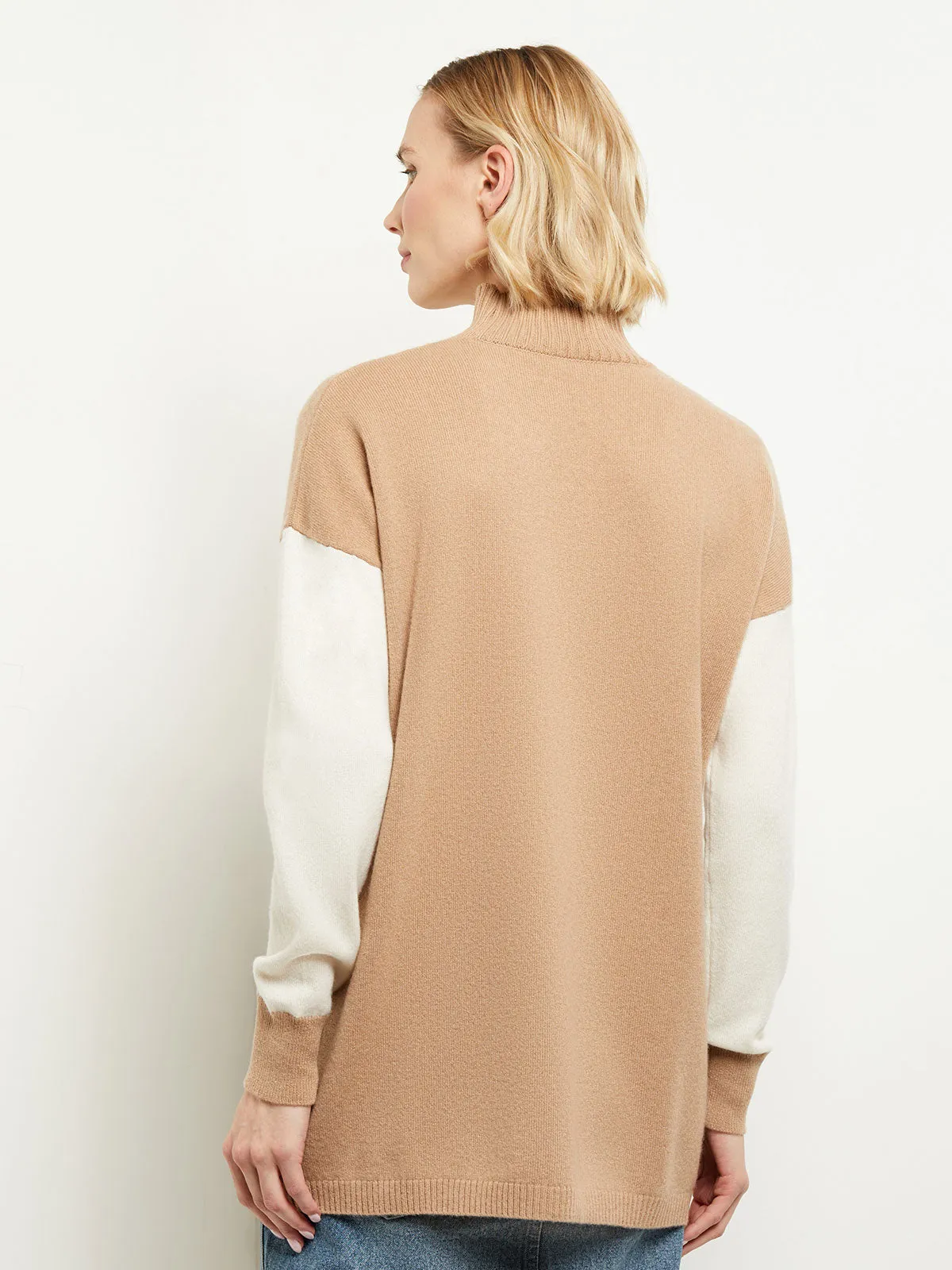 Colorblock Cashmere Turtleneck Tunic, Natural/Ivory