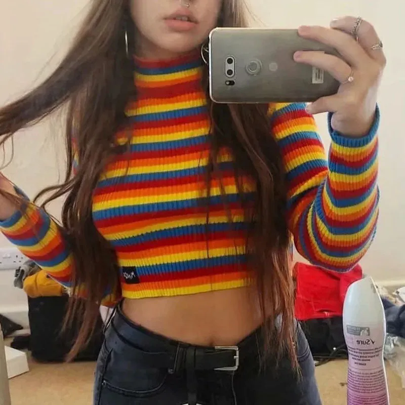 Colorful Rainbow Stripes Cropped Turtleneck Sweater Long Sleeve