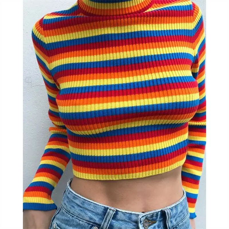 Colorful Rainbow Stripes Cropped Turtleneck Sweater Long Sleeve