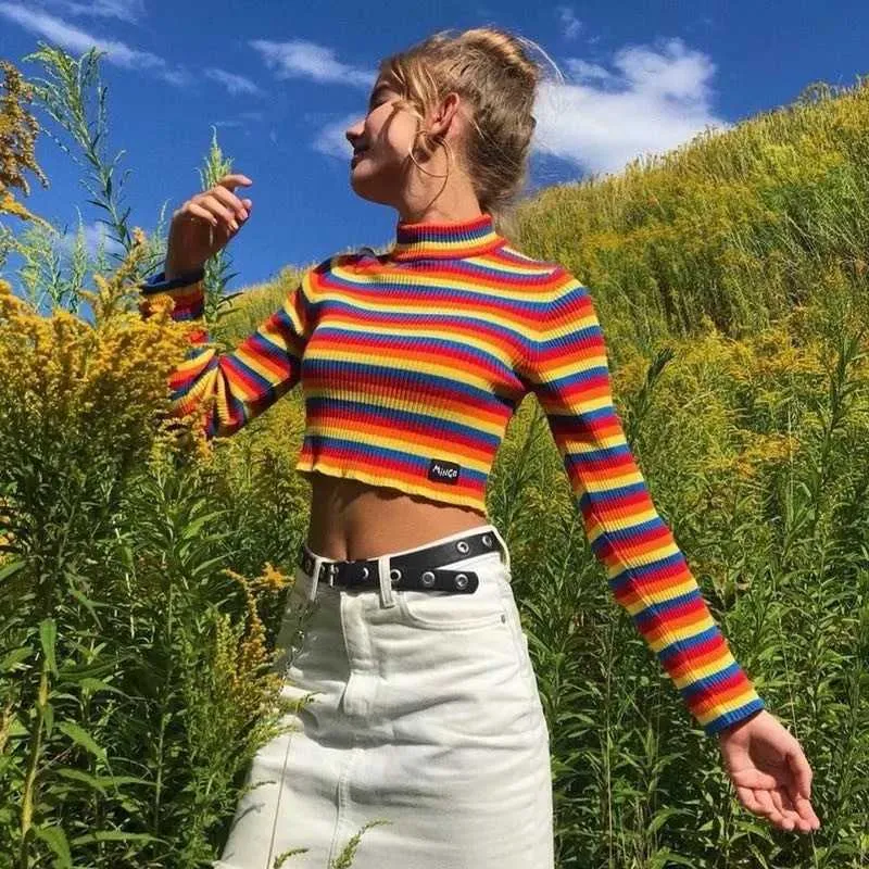 Colorful Rainbow Stripes Cropped Turtleneck Sweater Long Sleeve