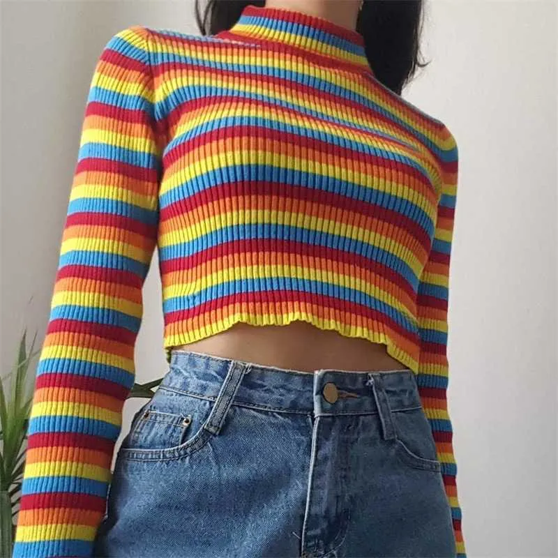 Colorful Rainbow Stripes Cropped Turtleneck Sweater Long Sleeve