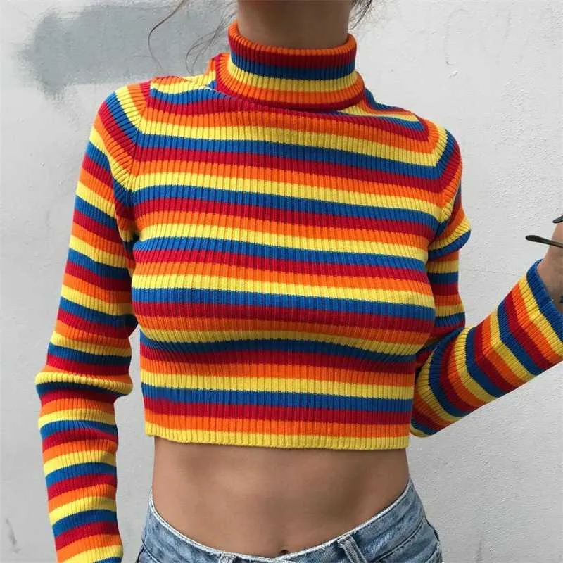 Colorful Rainbow Stripes Cropped Turtleneck Sweater Long Sleeve