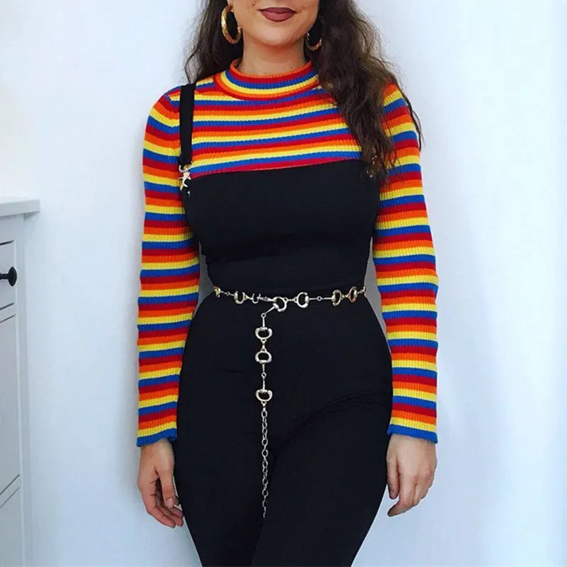 Colorful Rainbow Stripes Cropped Turtleneck Sweater Long Sleeve