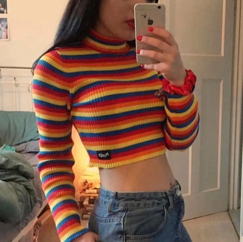 Colorful Rainbow Stripes Cropped Turtleneck Sweater Long Sleeve