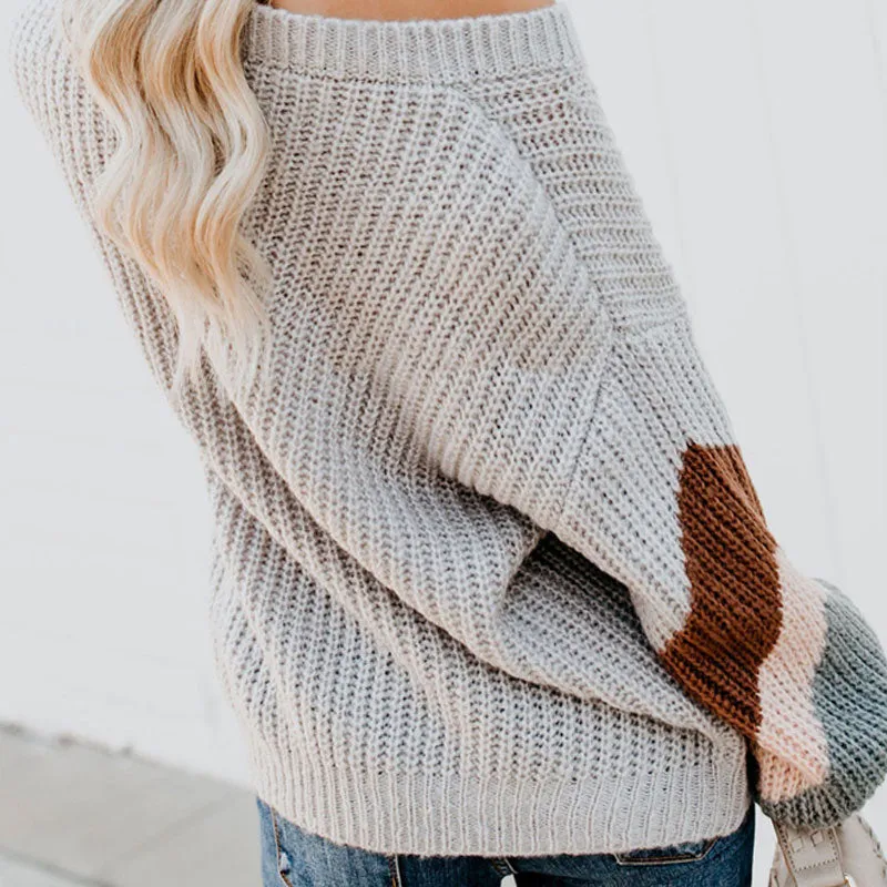 Contrast Grey Striped Sleeve V Neck Brioche Rib Knit Oversized Sweater