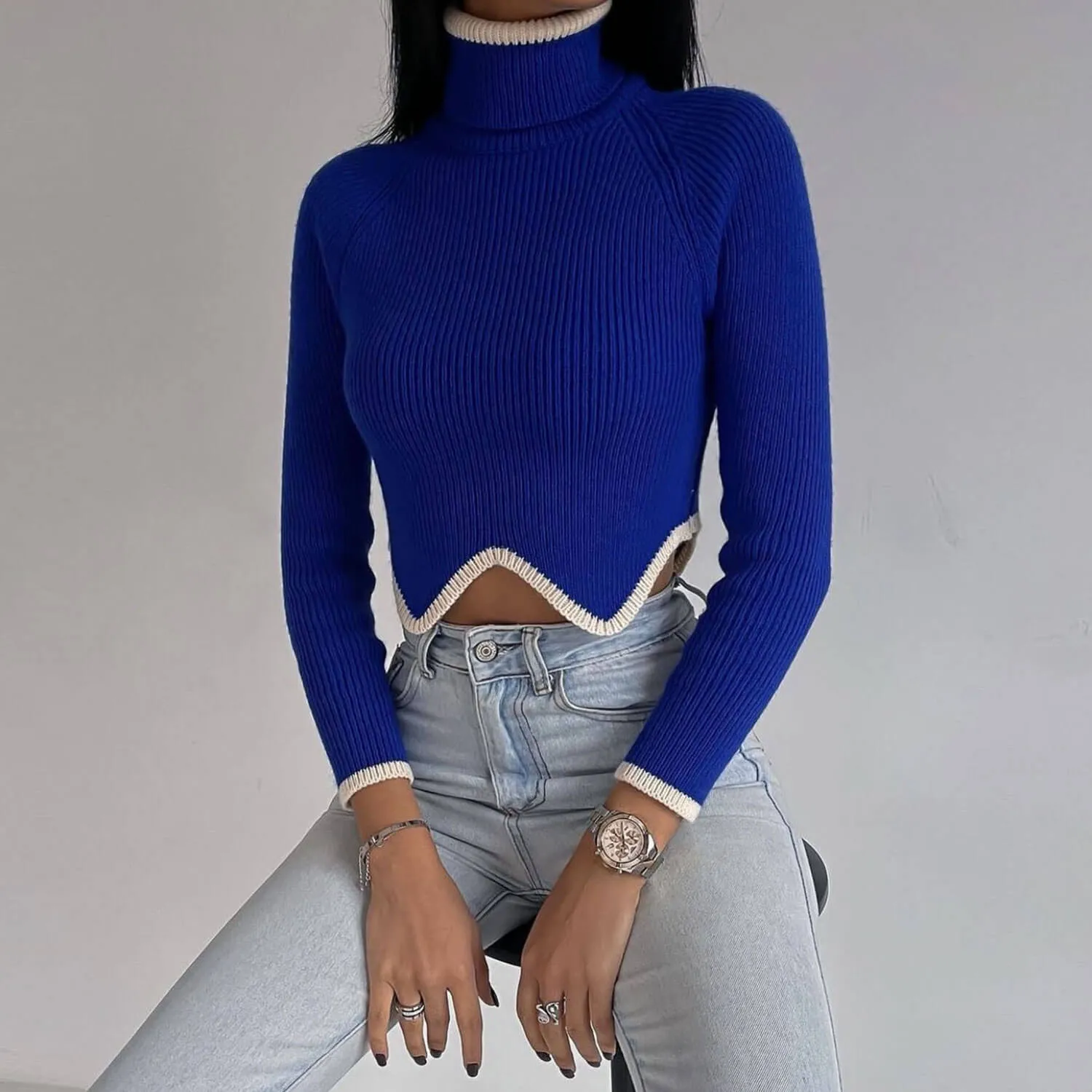 Contrast Trim Curved Hem Turtleneck Rib Knit Cropped Sweater