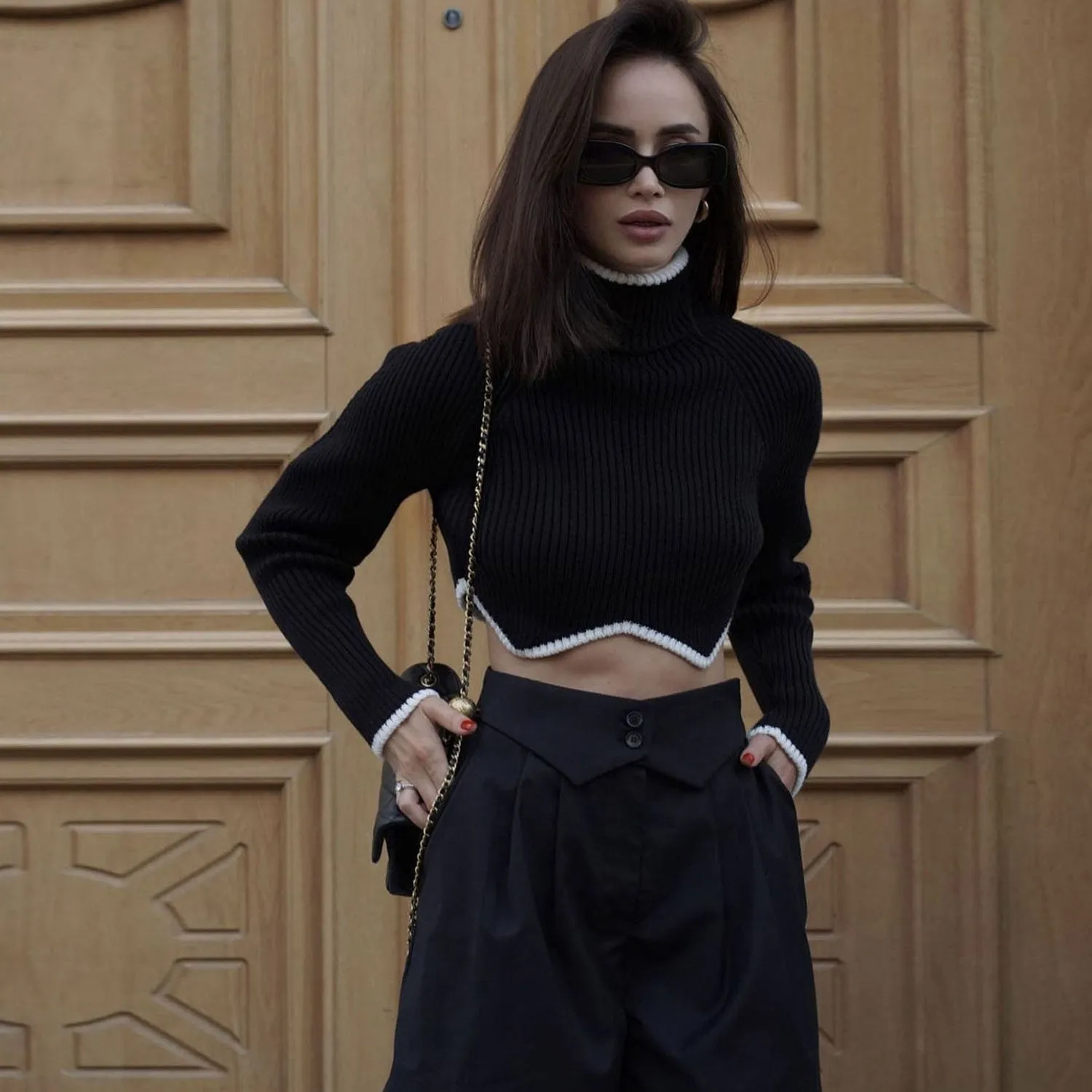 Contrast Trim Curved Hem Turtleneck Rib Knit Cropped Sweater