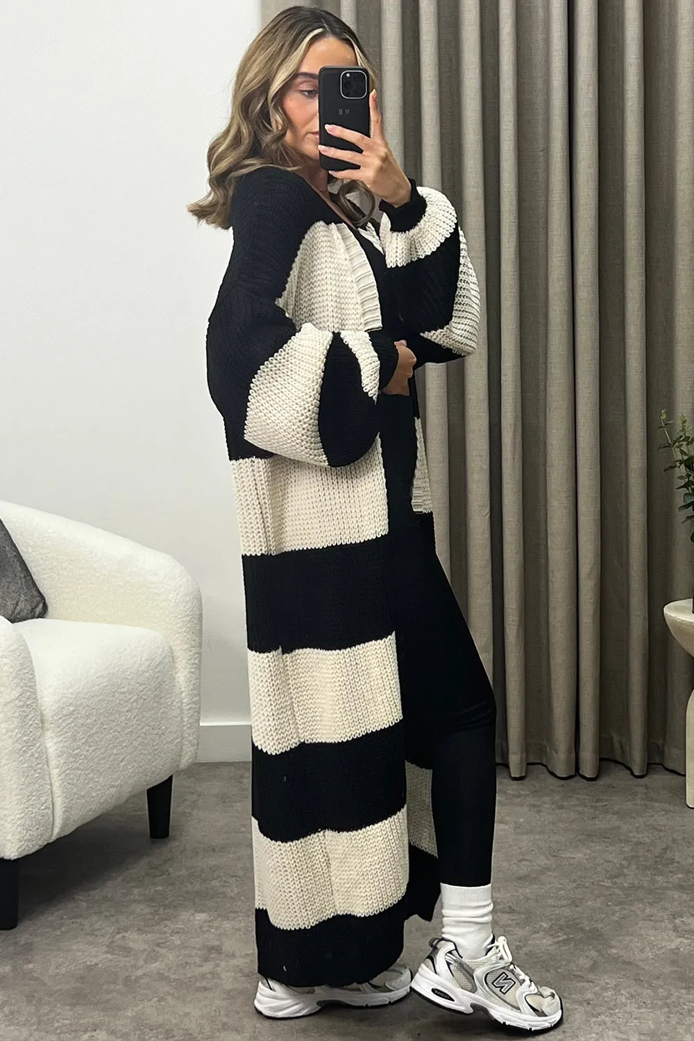 Corinna Black and Beige Stripe Maxi Knitted Cardigan