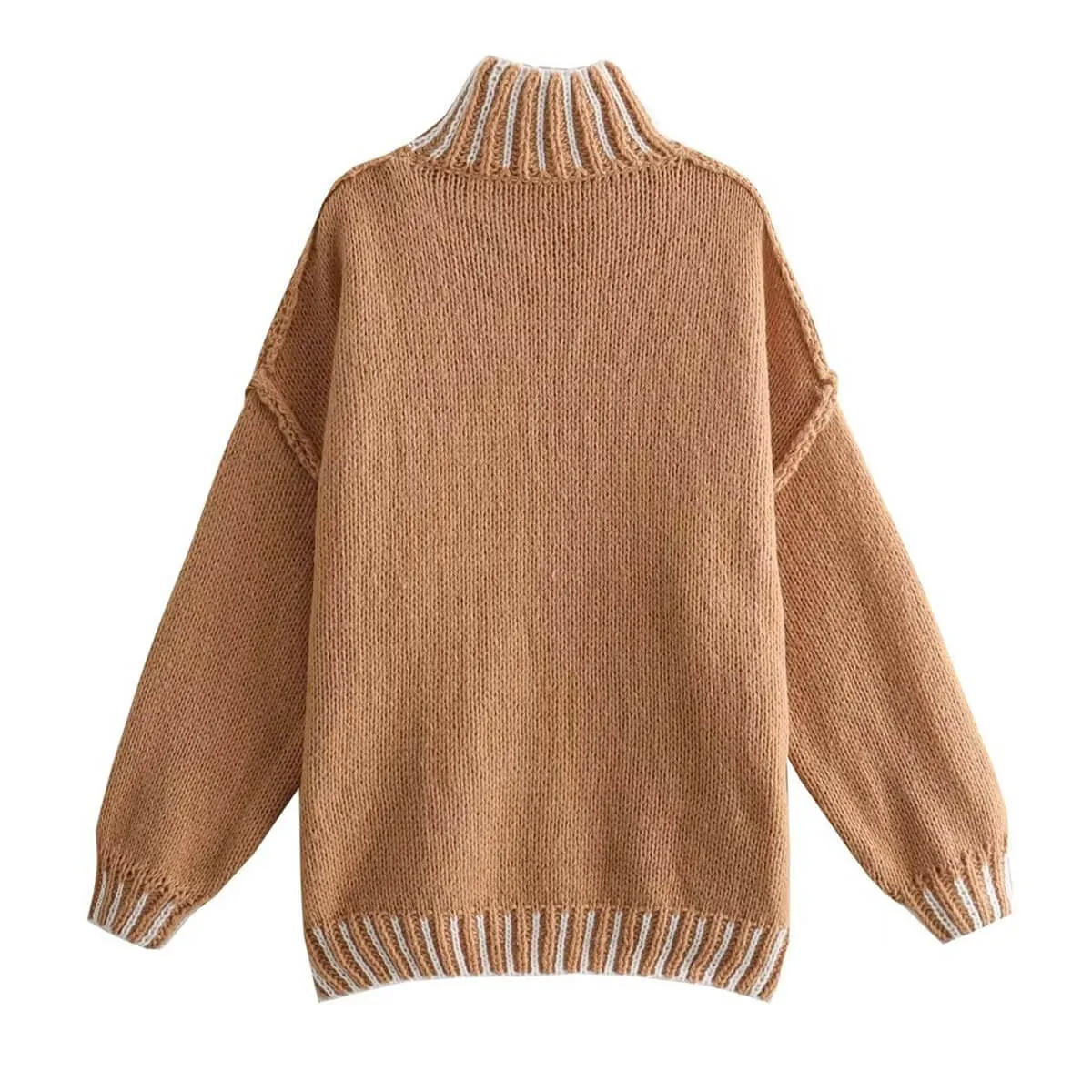 Cozy Contrast Stitch Brioche Rib Knit Turtleneck Bishop Sleeve Oversized Sweater