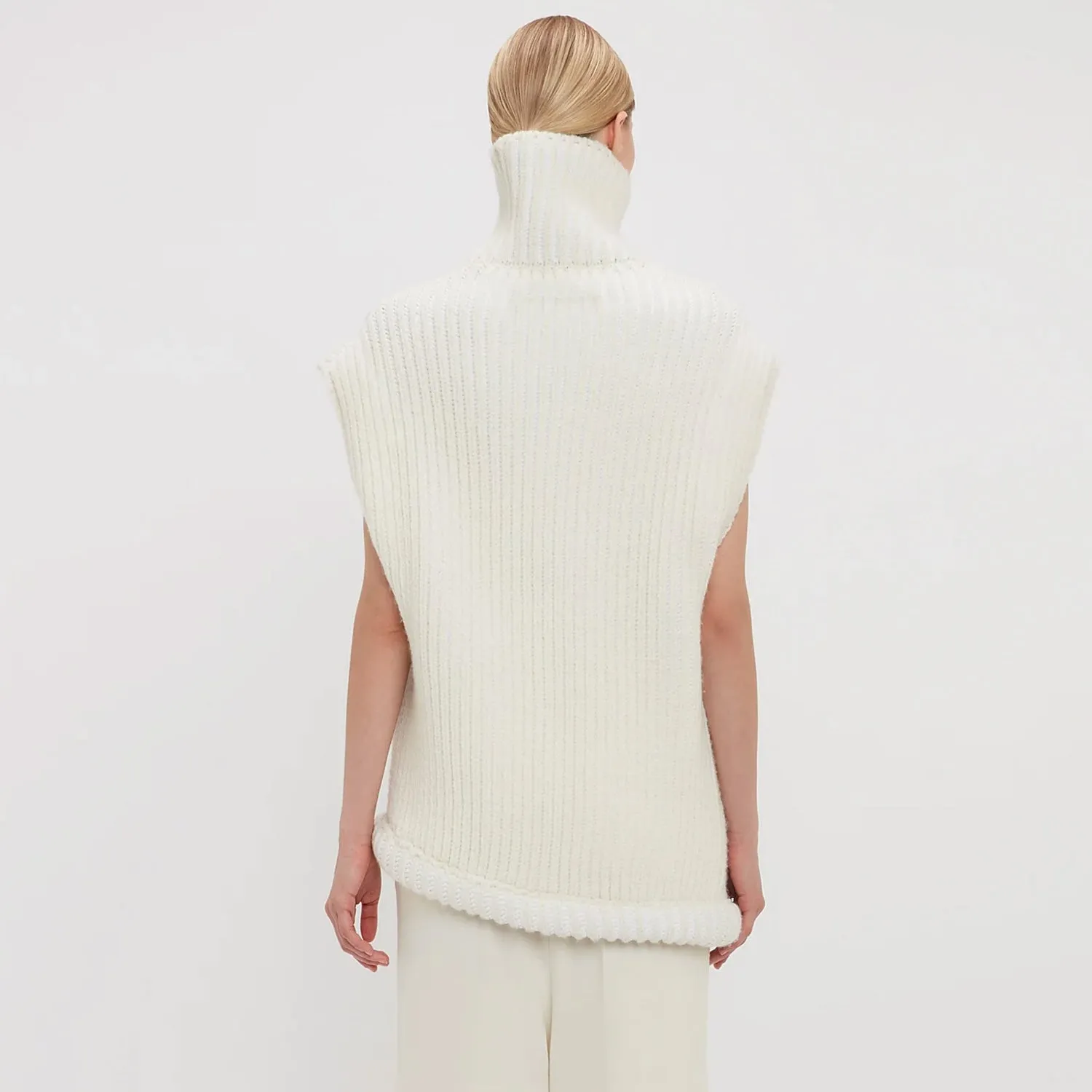 Cozy Turtleneck Drop Shoulder Turnover Hem Ribbed Knit Oversized Sweater Vest