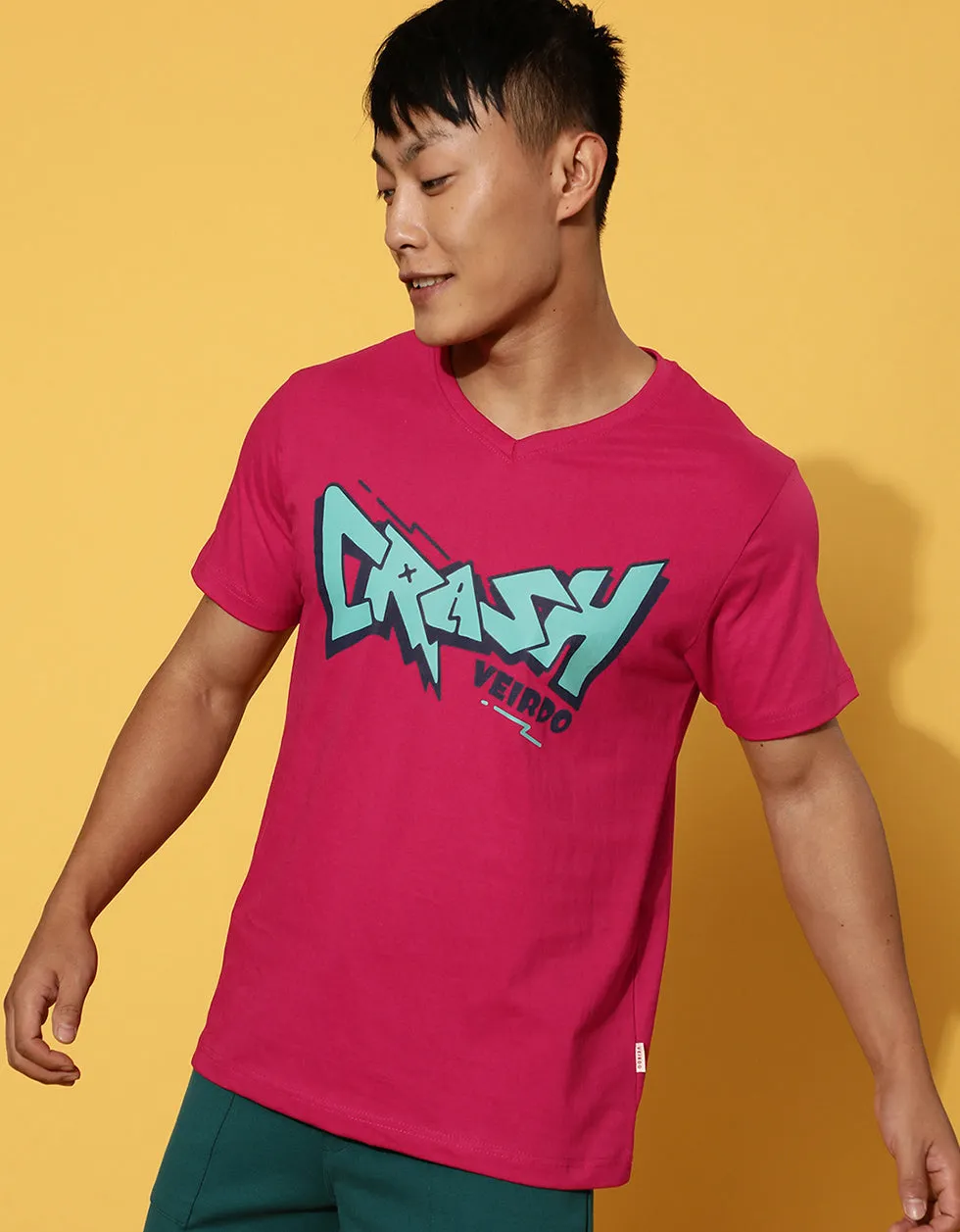 Crash Viva Magenta Printed Chest Typographic Regular Printed Tshirt