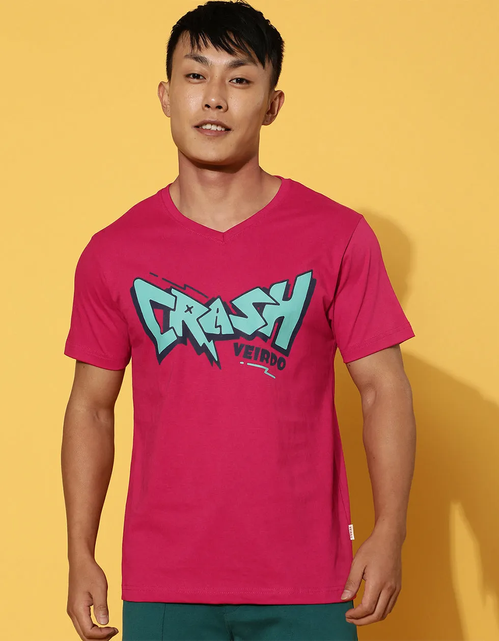 Crash Viva Magenta Printed Chest Typographic Regular Printed Tshirt