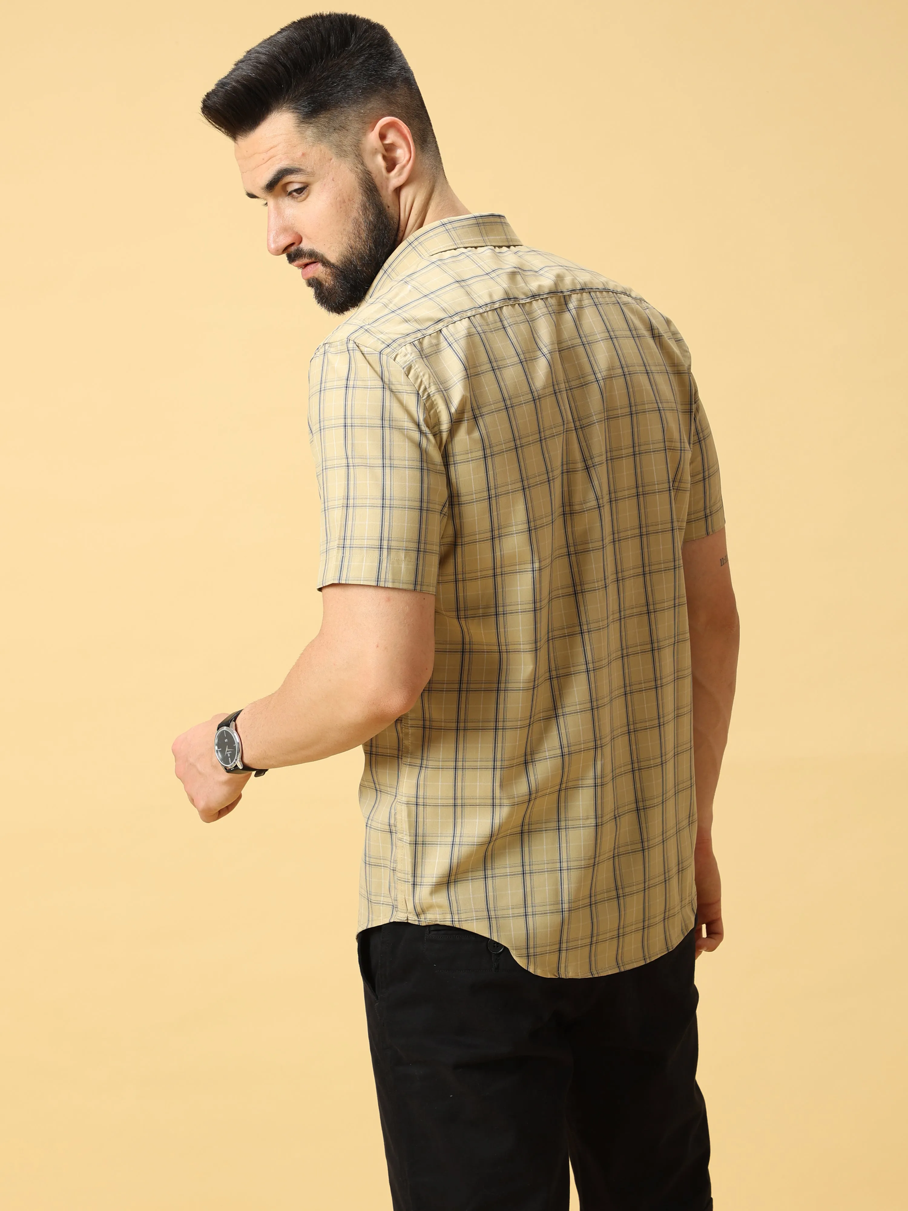 Cream Navy Check Half sleeve Shirt