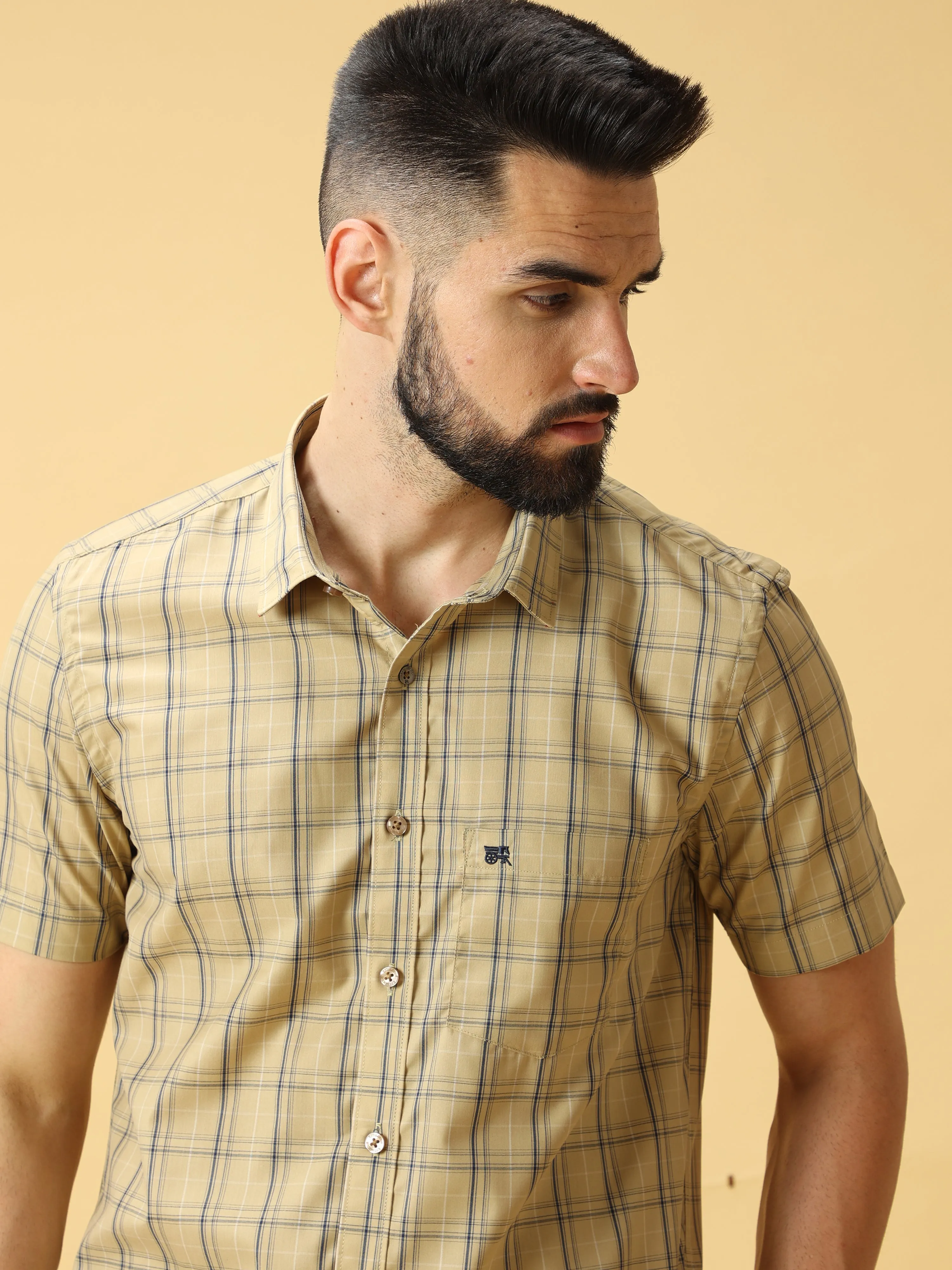 Cream Navy Check Half sleeve Shirt