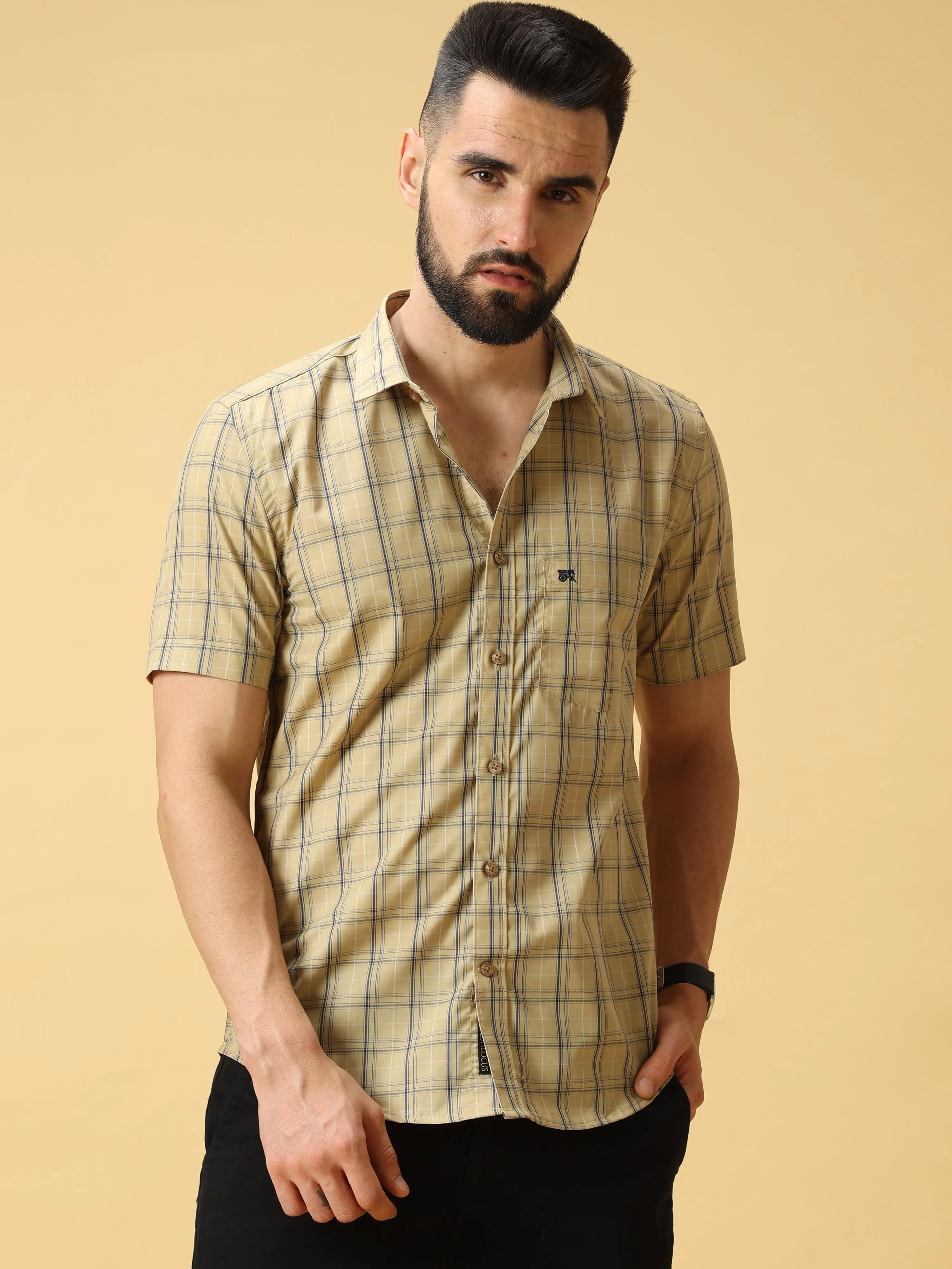 Cream Navy Check Half sleeve Shirt