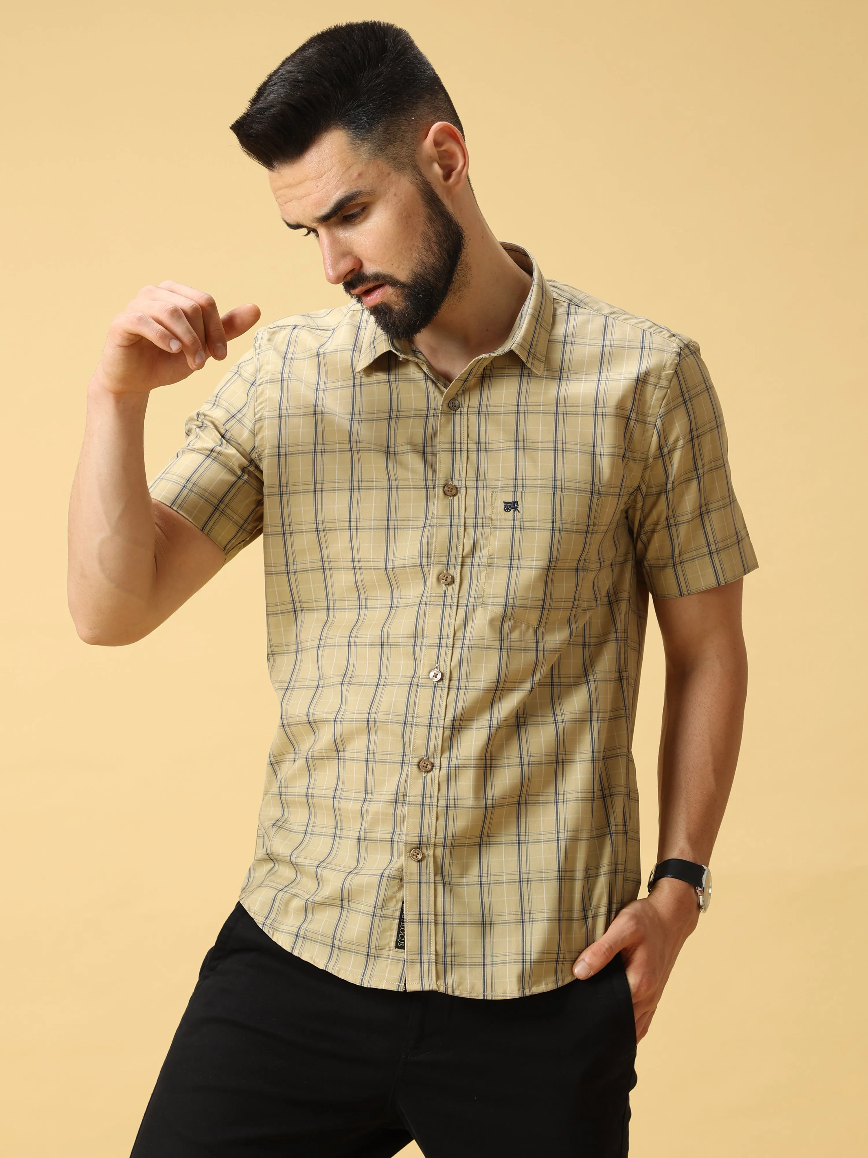 Cream Navy Check Half sleeve Shirt