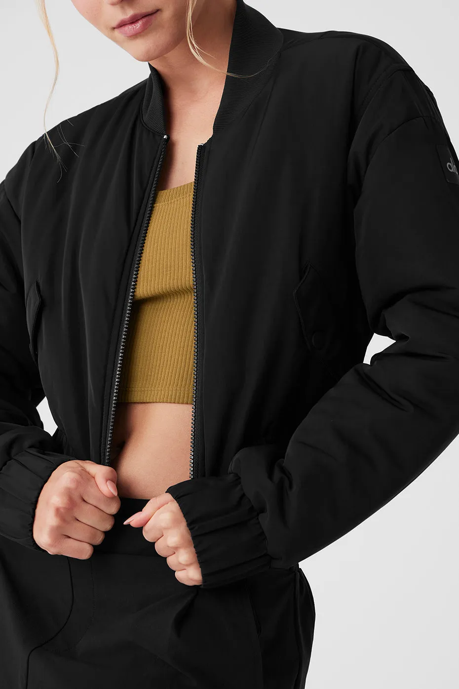 Cropped Break Line Bomber Jacket - Black