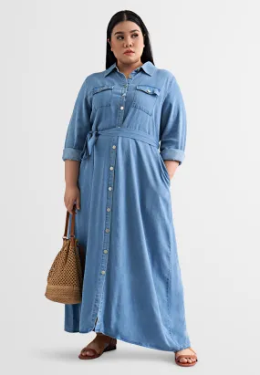 Dalyah Denim Belted Long Trench Dress