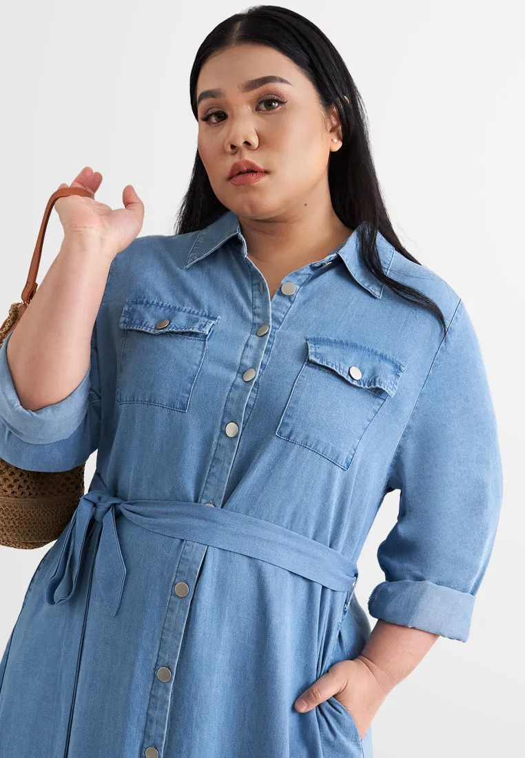 Dalyah Denim Belted Long Trench Dress