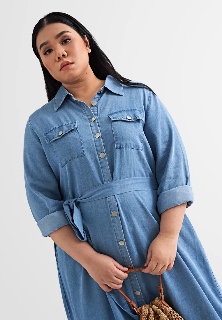 Dalyah Denim Belted Long Trench Dress