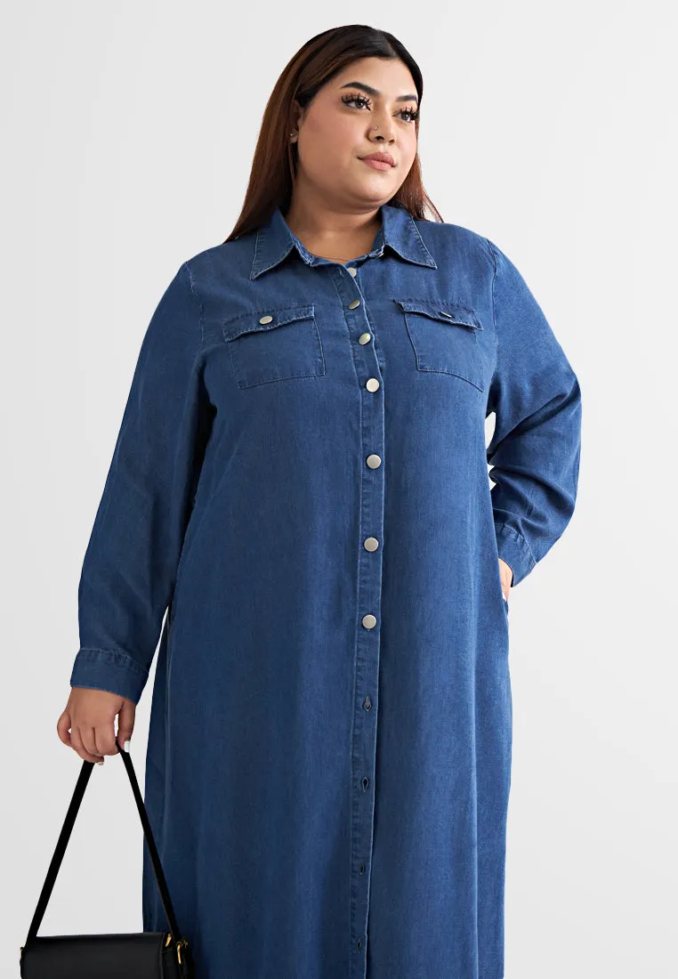 Dalyah Denim Belted Long Trench Dress