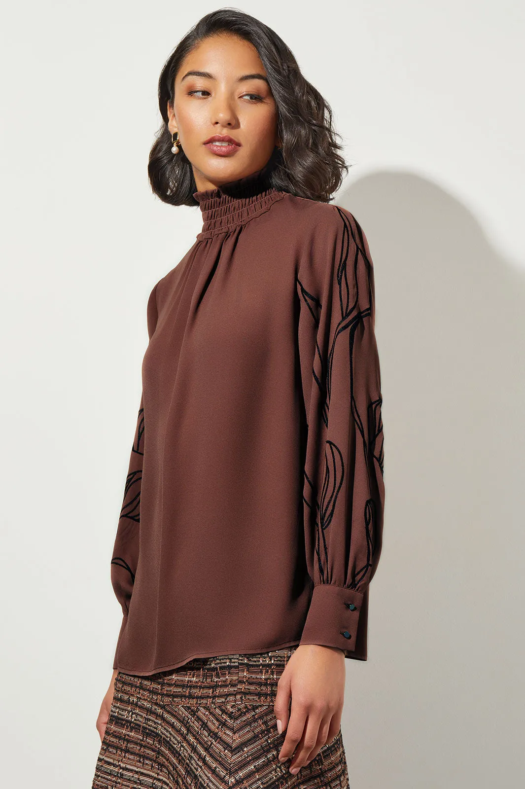 Embroidery Detail Gathered Turtleneck Crepe de Chine Blouse