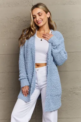 Falling For You Open Front Popcorn Cardigan in Pastel Blue