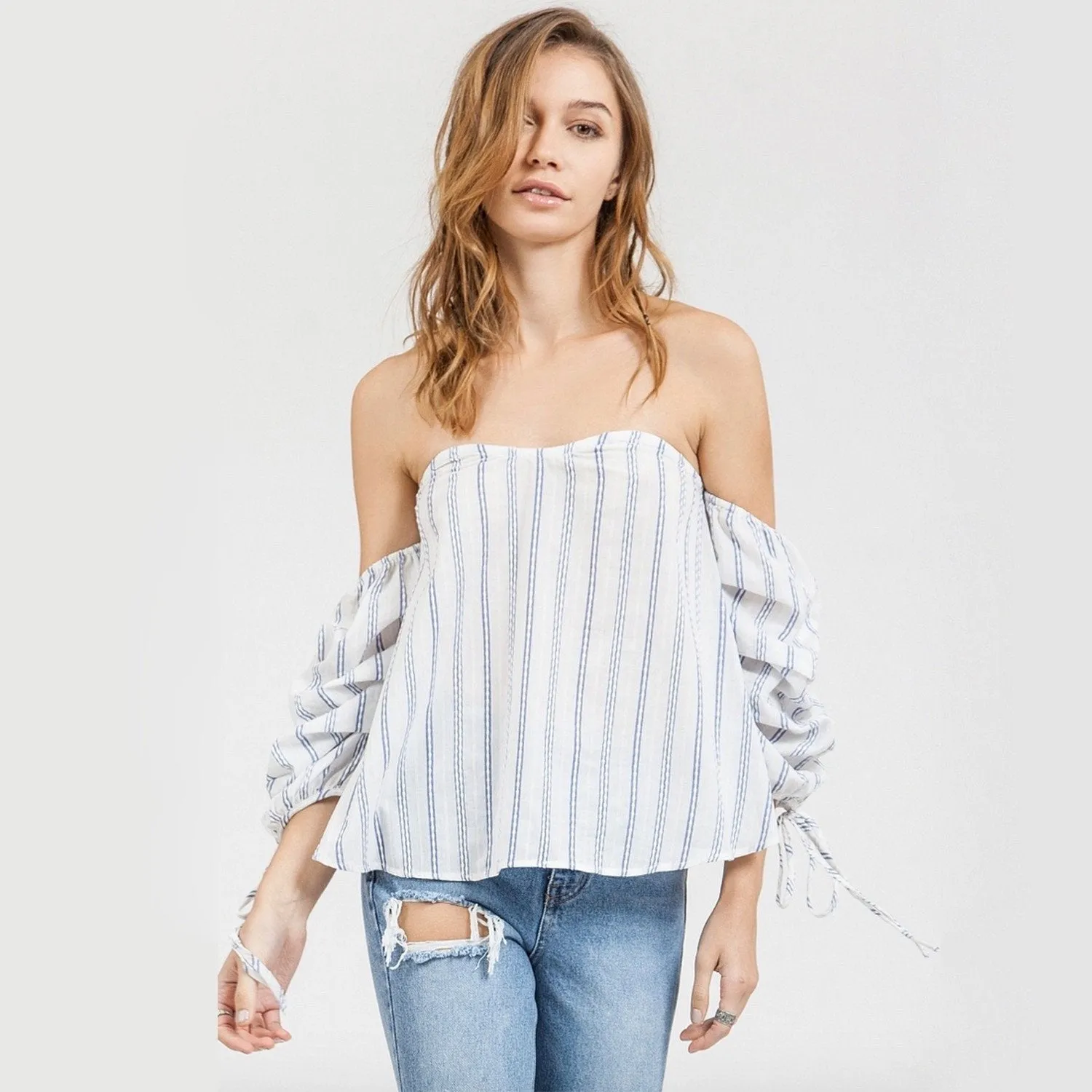 Final Sale - Blu Pepper - Off-The-Shoulder Striped Top - Ivory/Blue