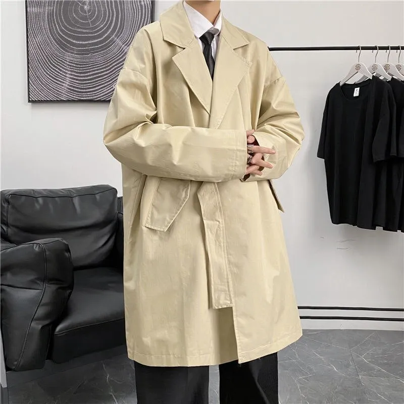 Foesce -  Men's Black/khaki Color Windbreaker Mid-length Lapel Casual Bomer Jacket Loose Long Slveed Coats Male Clothes Size M-2XL