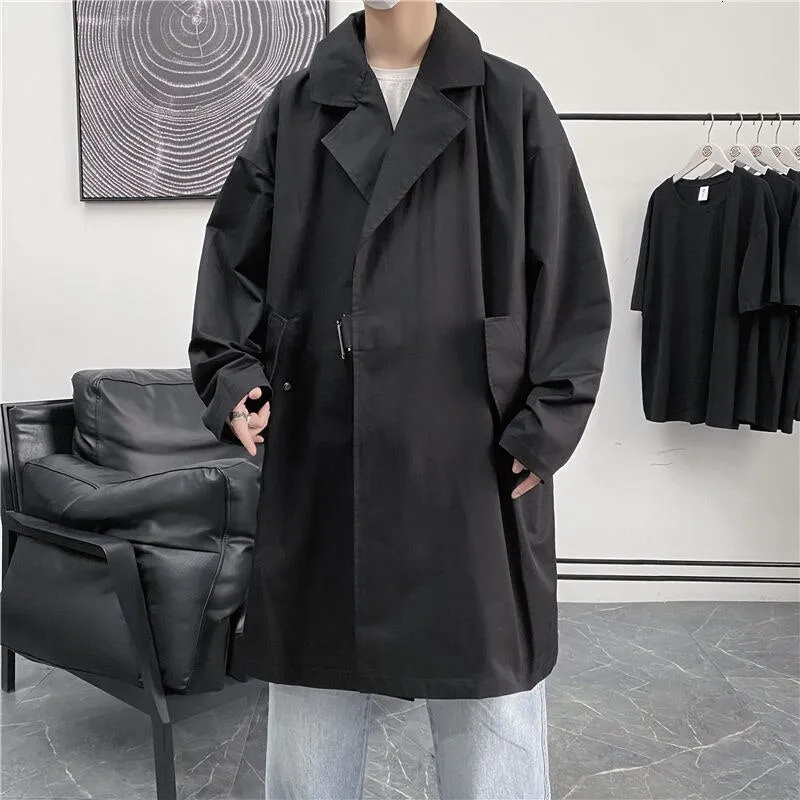 Foesce -  Men's Black/khaki Color Windbreaker Mid-length Lapel Casual Bomer Jacket Loose Long Slveed Coats Male Clothes Size M-2XL