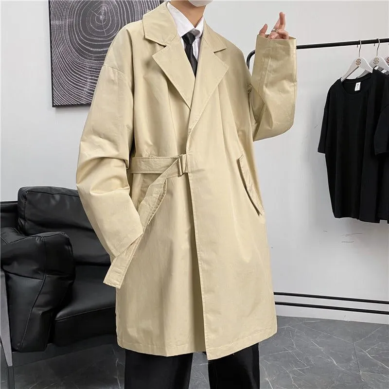 Foesce -  Men's Black/khaki Color Windbreaker Mid-length Lapel Casual Bomer Jacket Loose Long Slveed Coats Male Clothes Size M-2XL