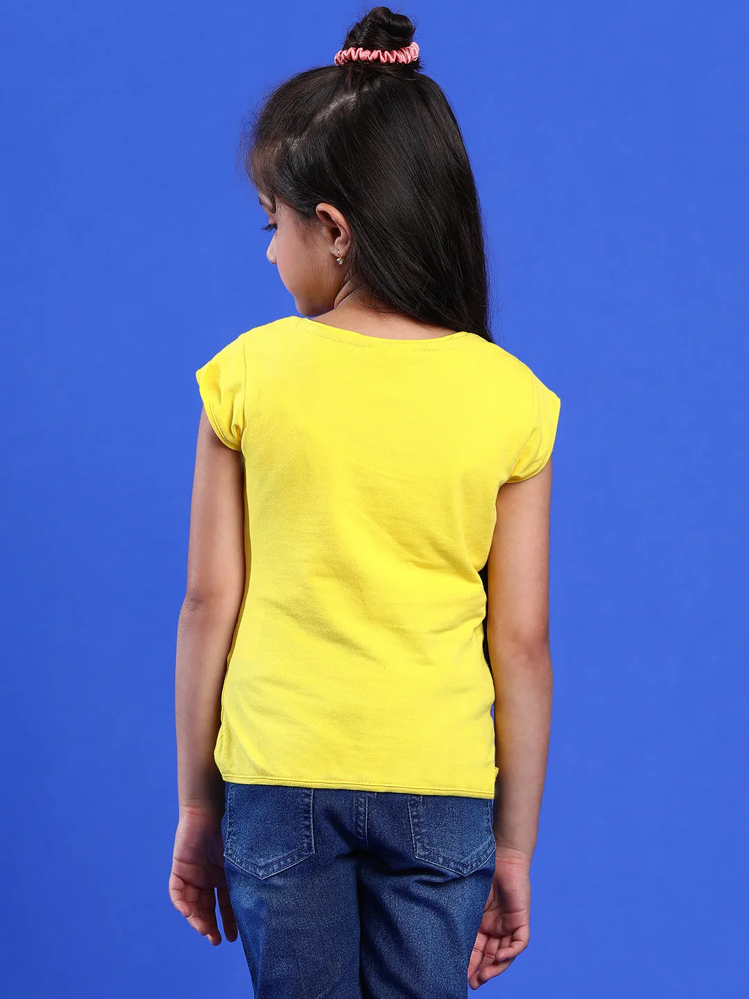 Girls Printed Yellow Cotton Regular Fit T-Shirts