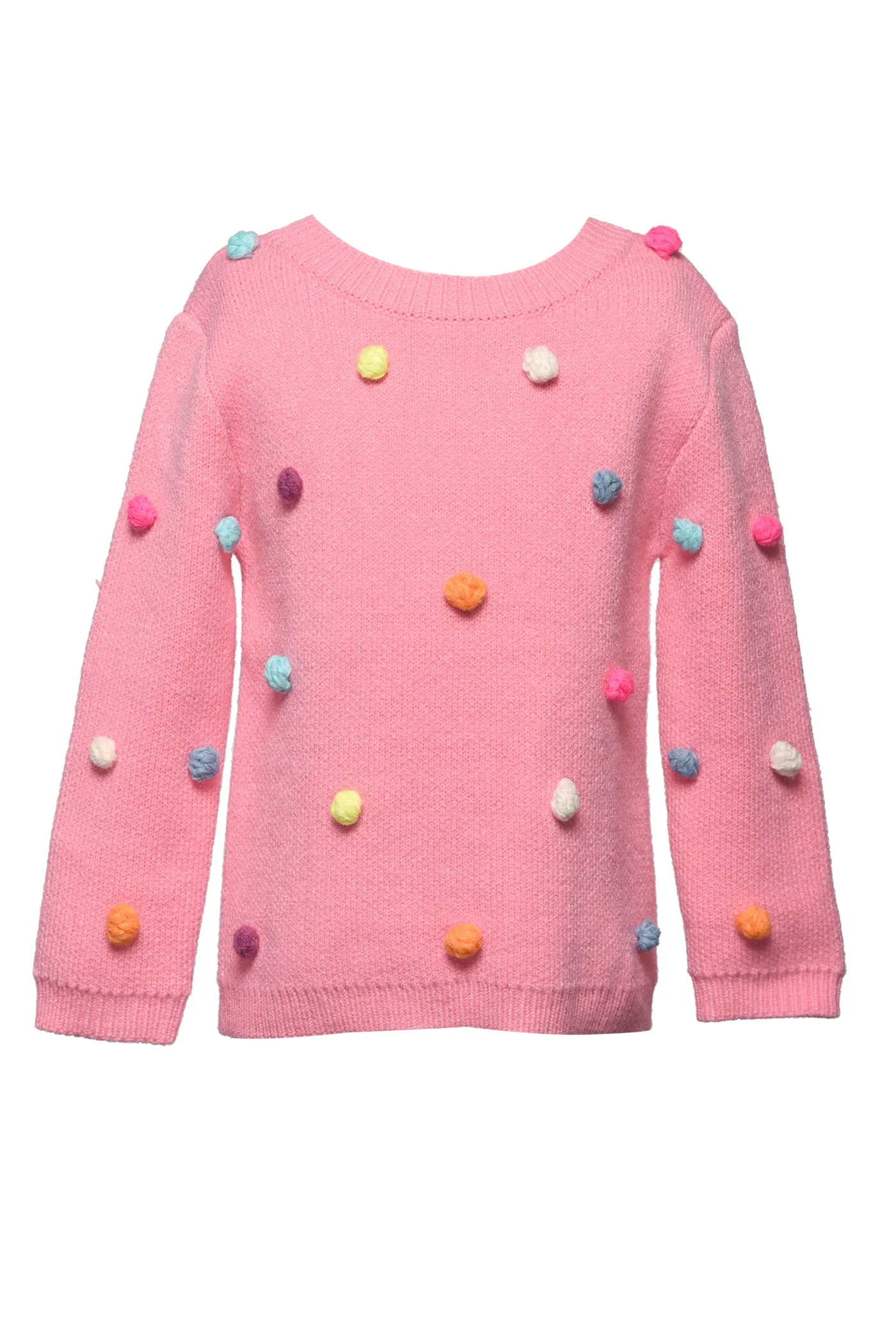 Girls Sweater Knit Multi Color Pompoms Top