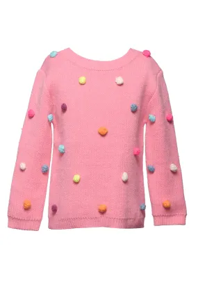 Girls Sweater Knit Multi Color Pompoms Top