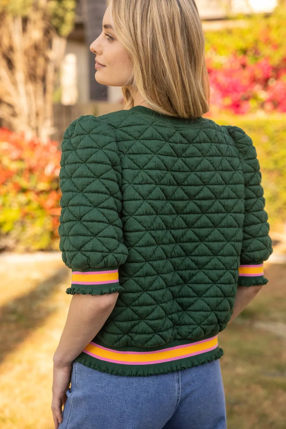 Green and Orange Quilted Striped Band Knit Top