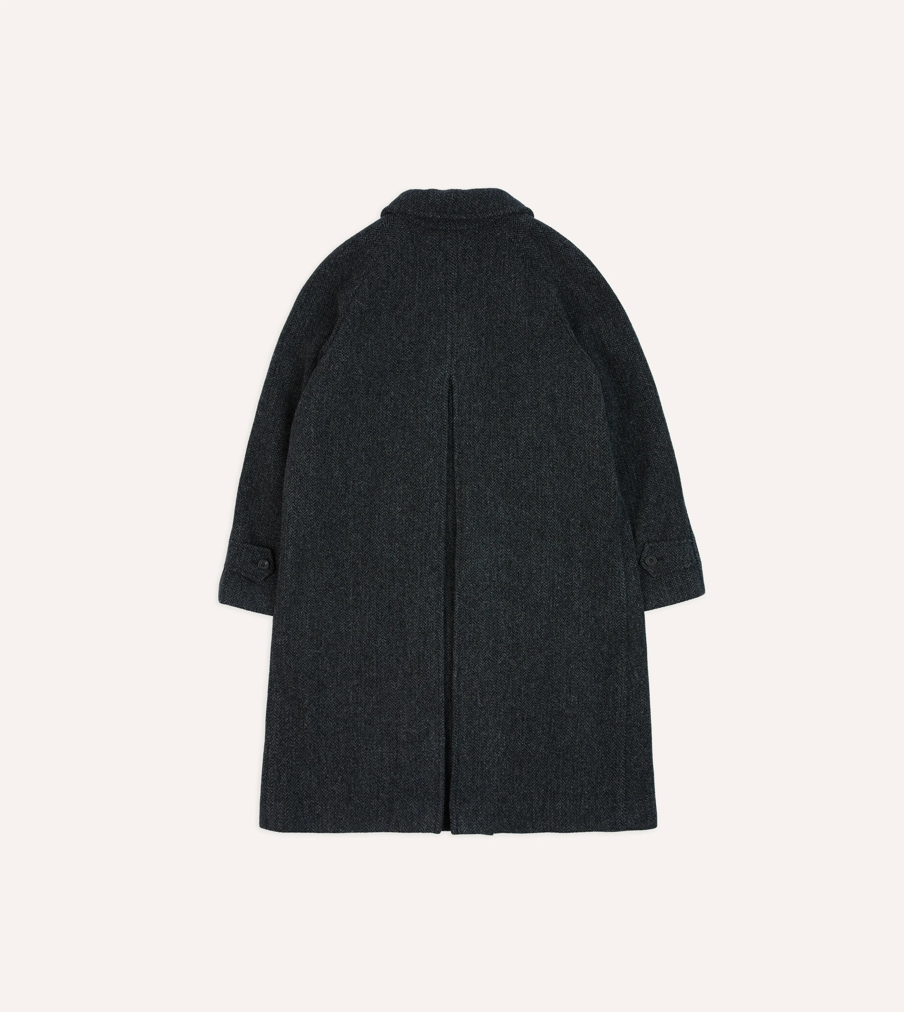 Grey Herringbone Wool Double-Breasted Raglan Coat