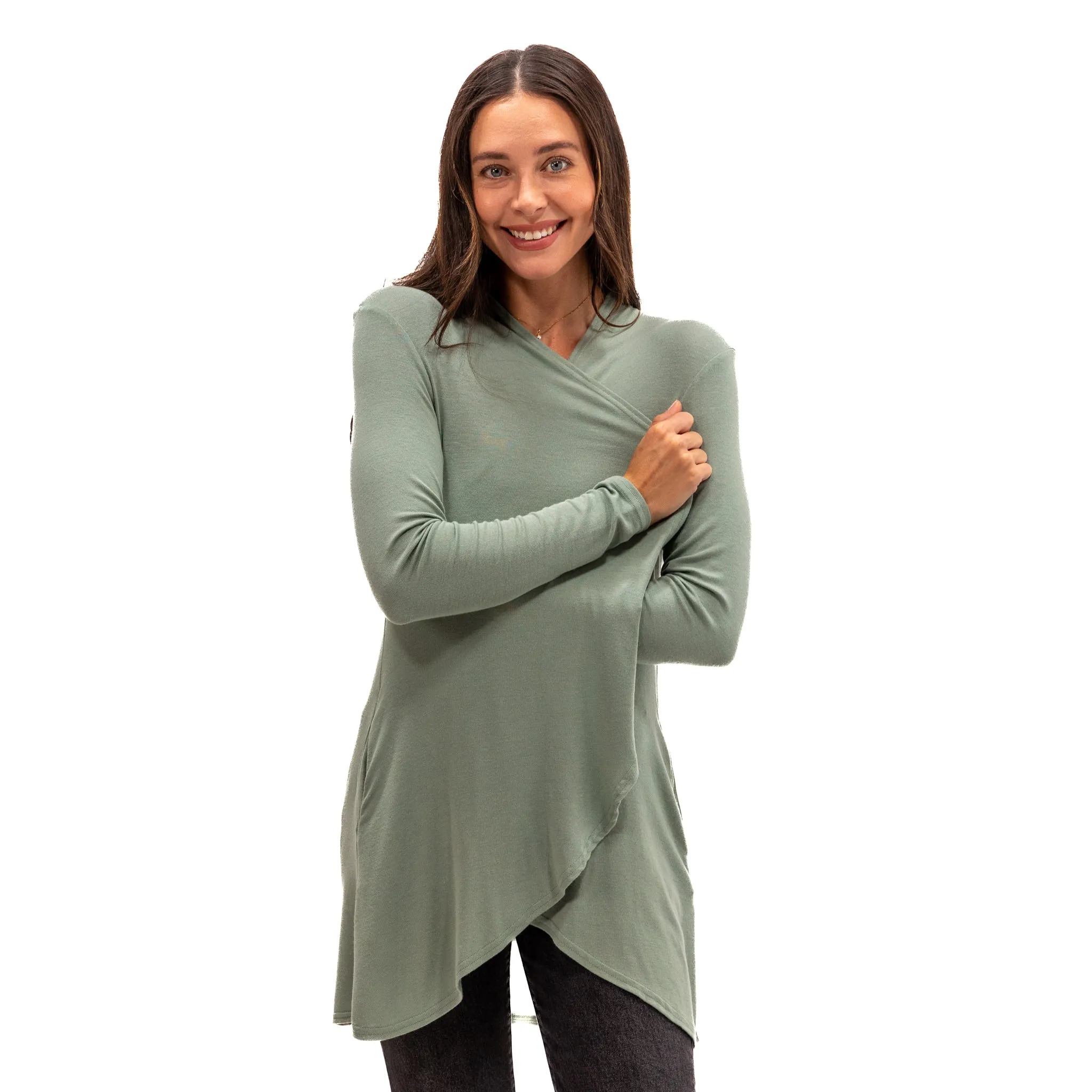 Hampton Open Front Travel Cardigan with Pockets in Eco-Cashmere Sage Green