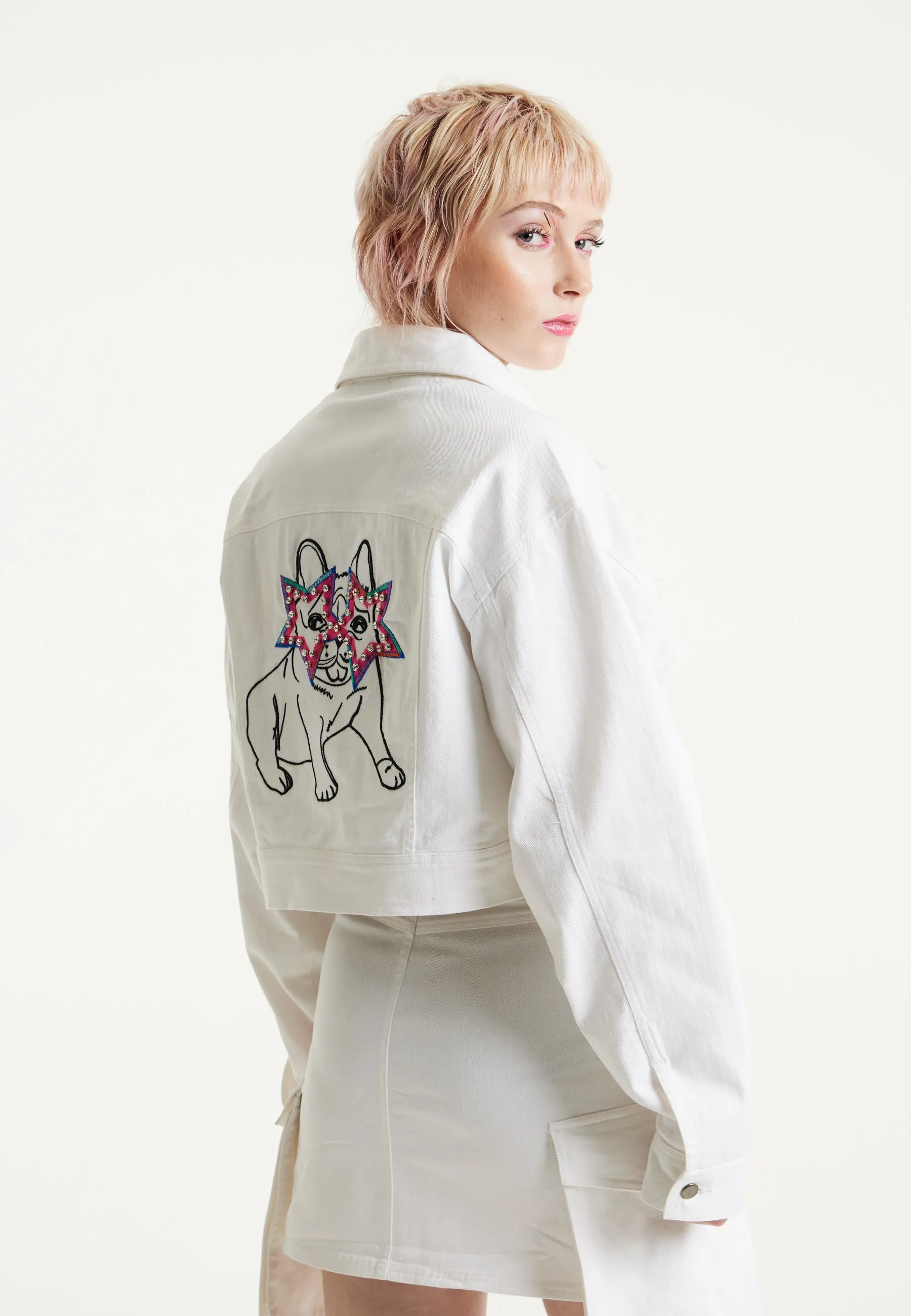 House Of Holland Bulldog Embroidered White Denim Jacket