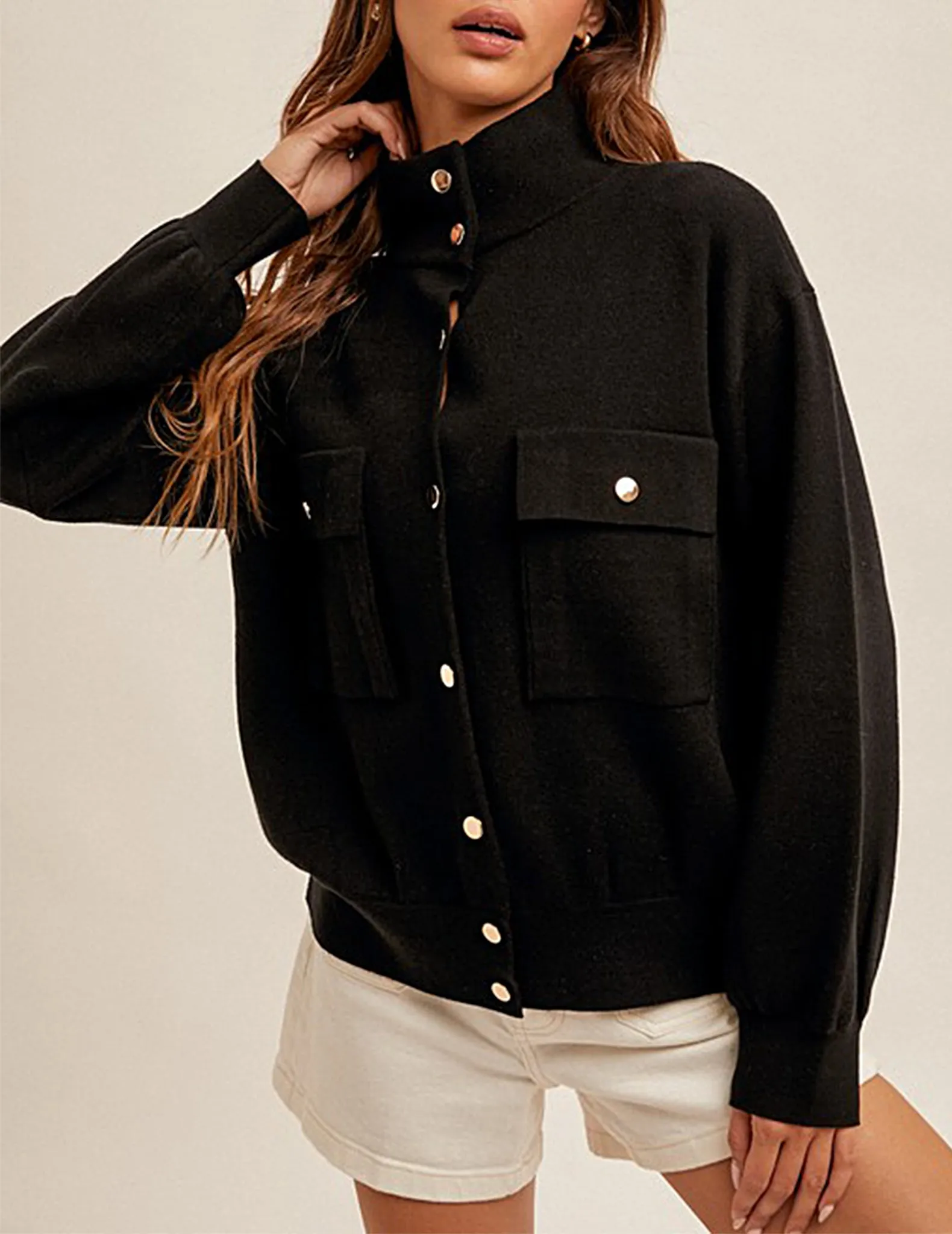 Jane Buttoned Knit Bomber Sweater